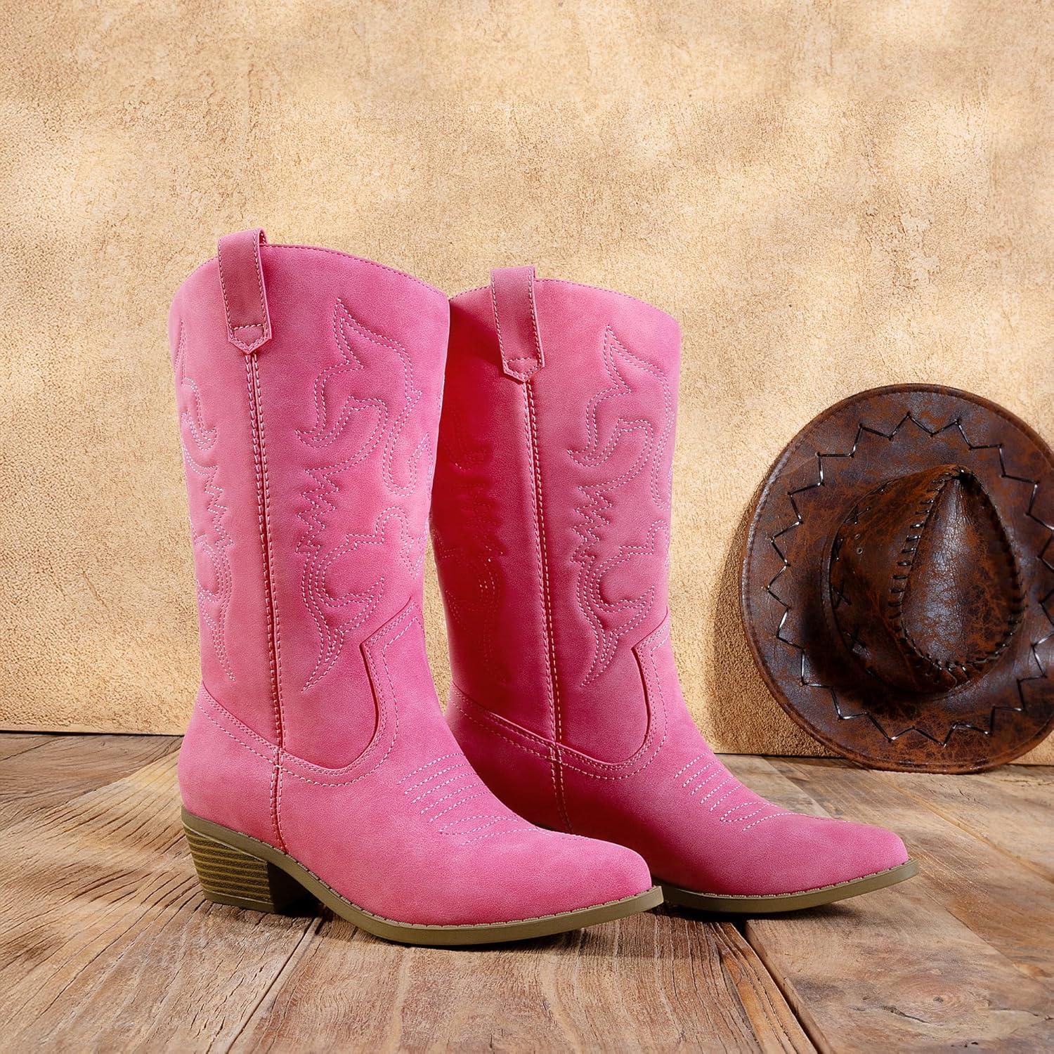 imageDREAM PAIRS Womens Cowboy Boots Pull On Cowgirl Boots Mid Calf Western Boots Available in Regular and Wide CalfHot Pink