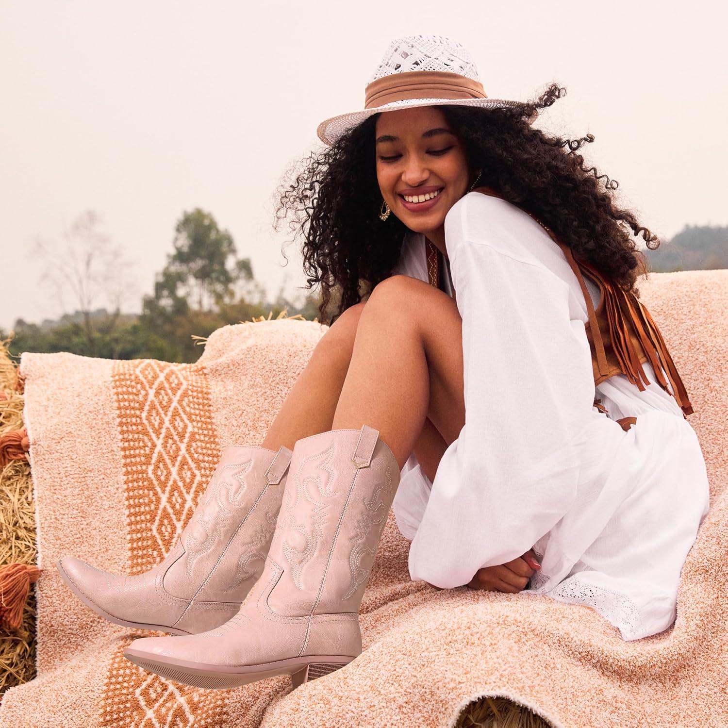 imageDREAM PAIRS Womens Cowboy Boots Pull On Cowgirl Boots Mid Calf Western Boots Available in Regular and Wide CalfPink