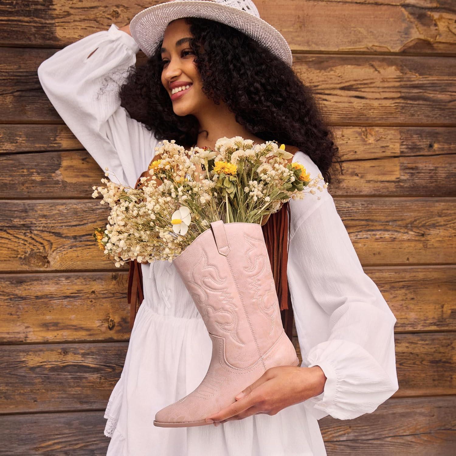 imageDREAM PAIRS Womens Cowboy Boots Pull On Cowgirl Boots Mid Calf Western Boots Available in Regular and Wide CalfPink