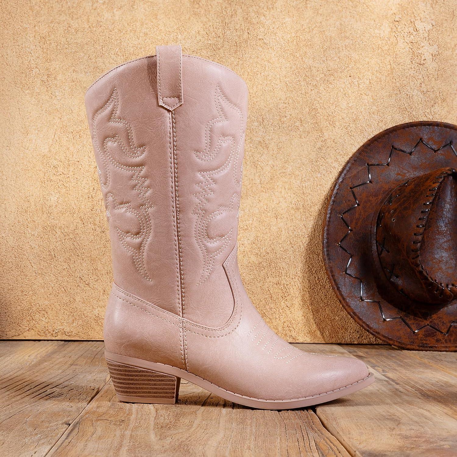 imageDREAM PAIRS Womens Cowboy Boots Pull On Cowgirl Boots Mid Calf Western Boots Available in Regular and Wide CalfPink