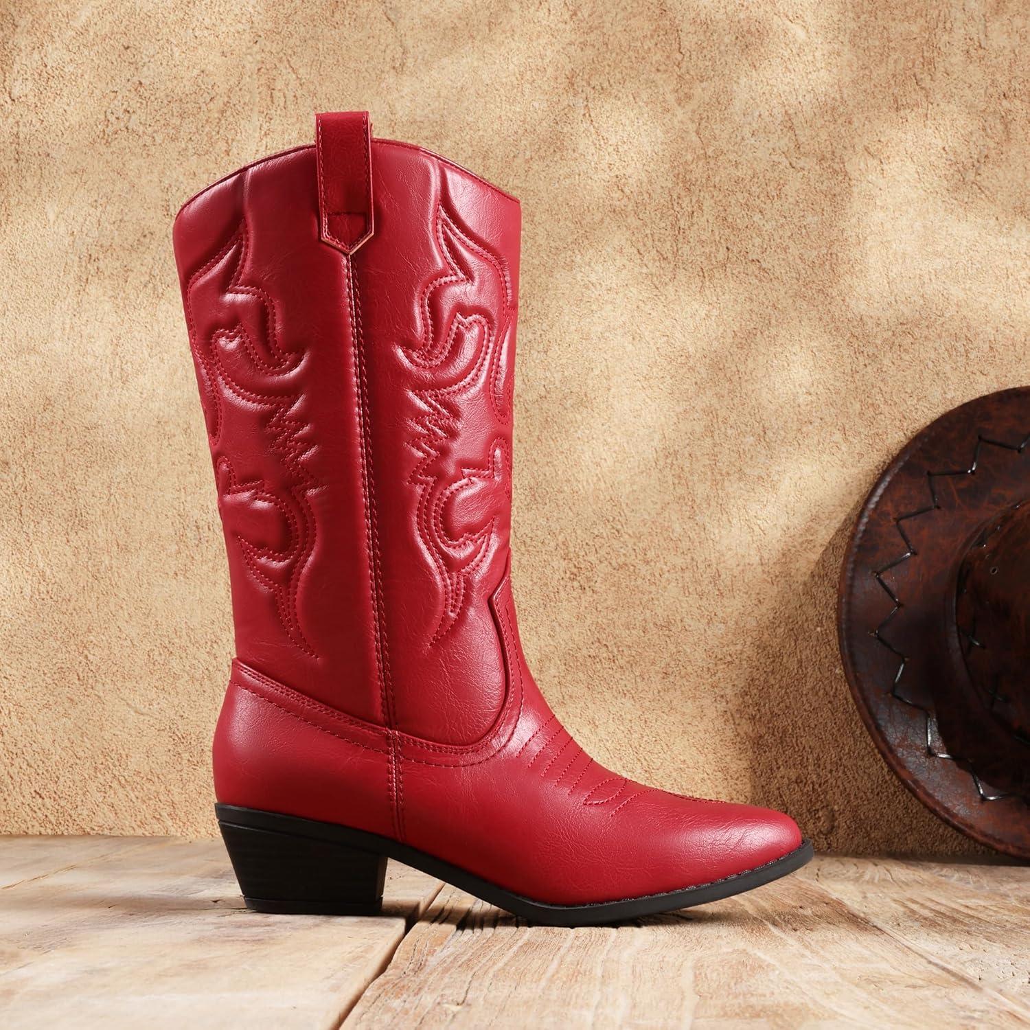 imageDREAM PAIRS Womens Cowboy Boots Pull On Cowgirl Boots Mid Calf Western Boots Available in Regular and Wide CalfRed