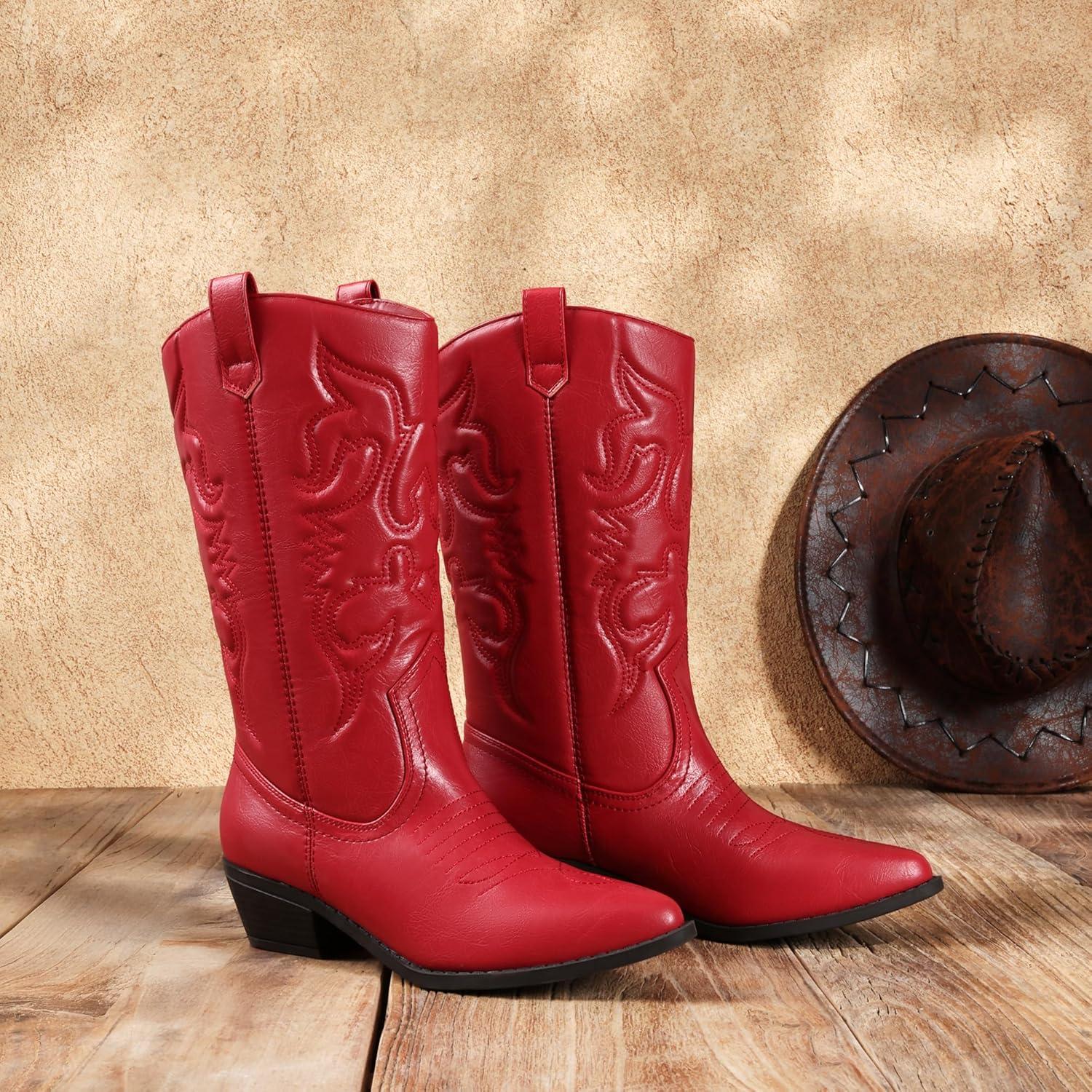imageDREAM PAIRS Womens Cowboy Boots Pull On Cowgirl Boots Mid Calf Western Boots Available in Regular and Wide CalfRed