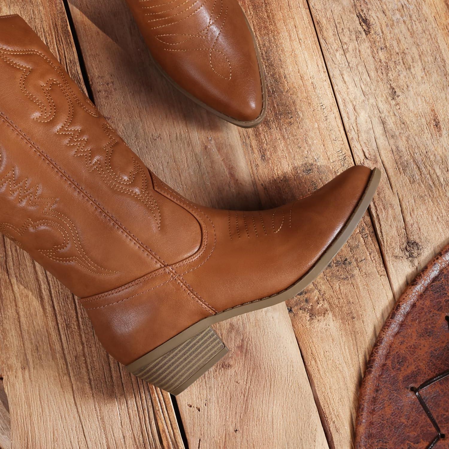 imageDREAM PAIRS Womens Cowboy Boots Pull On Cowgirl Boots Mid Calf Western Boots Available in Regular and Wide CalfTan