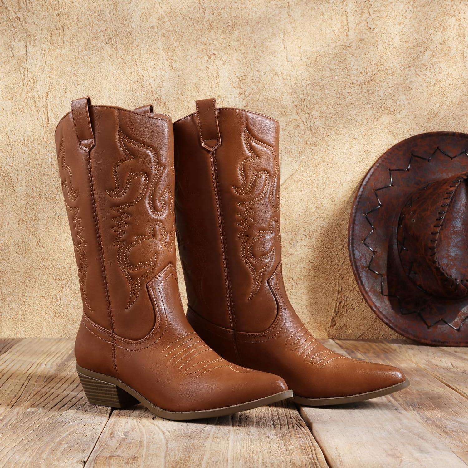 imageDREAM PAIRS Womens Cowboy Boots Pull On Cowgirl Boots Mid Calf Western Boots Available in Regular and Wide CalfTan