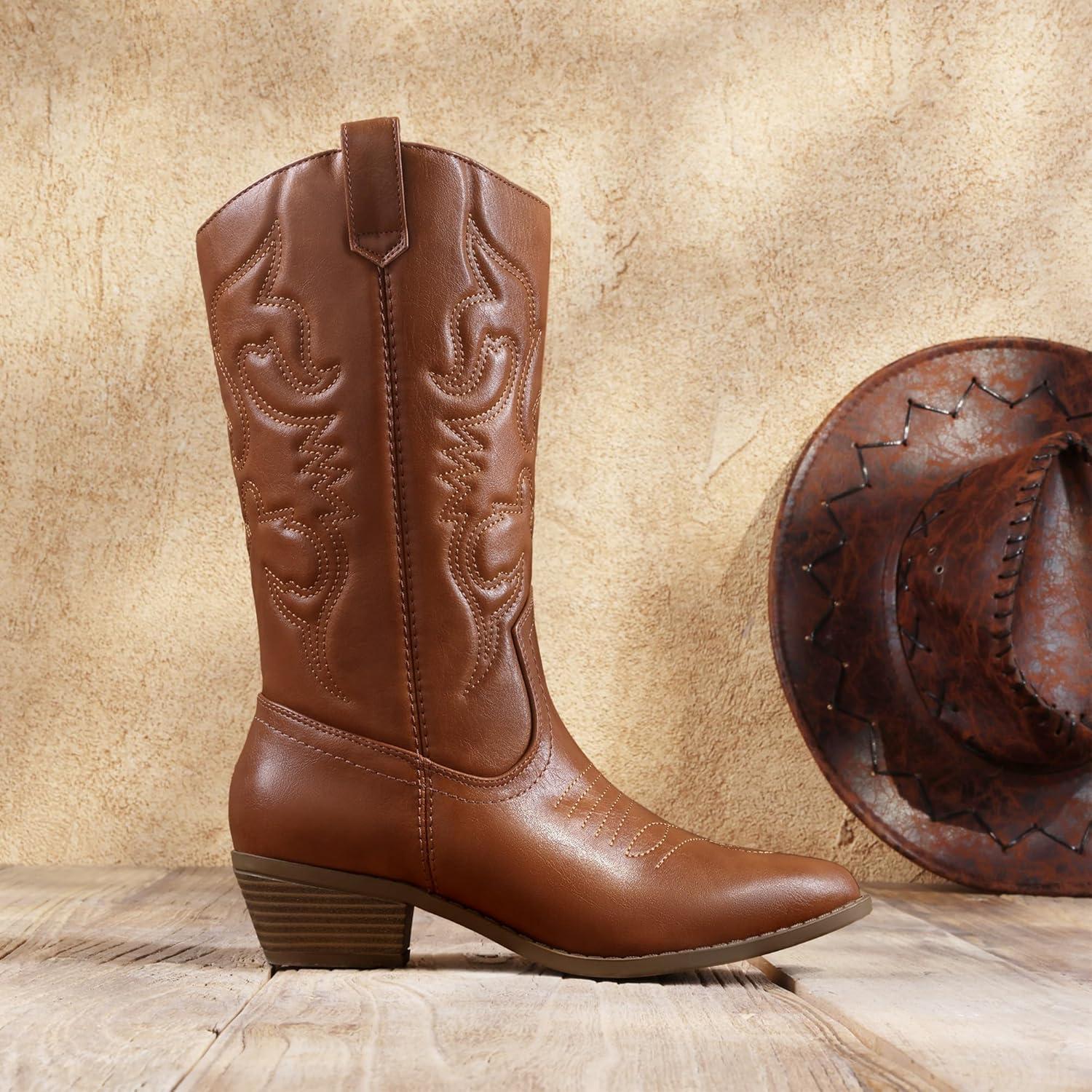 imageDREAM PAIRS Womens Cowboy Boots Pull On Cowgirl Boots Mid Calf Western Boots Available in Regular and Wide CalfTan