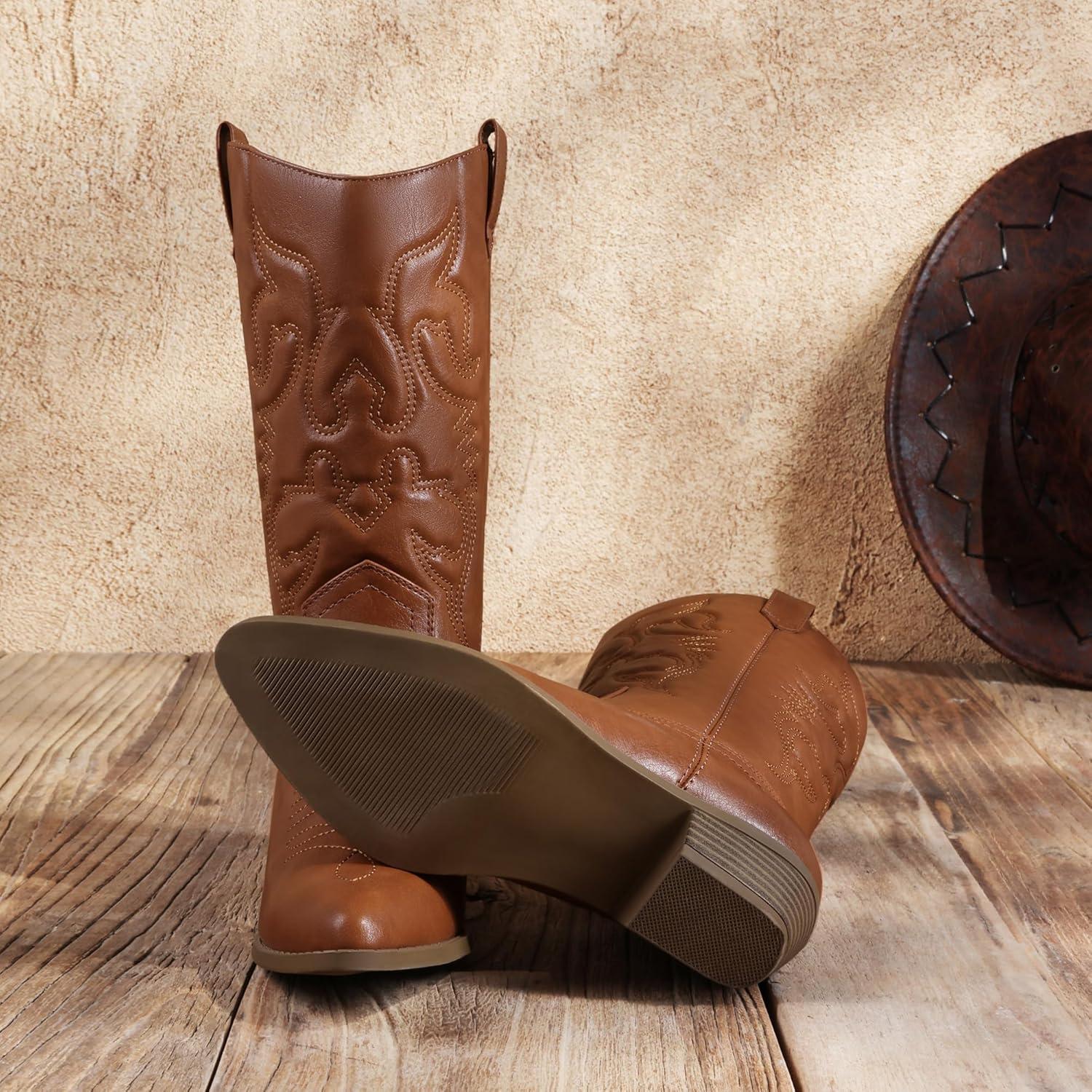 imageDREAM PAIRS Womens Cowboy Boots Pull On Cowgirl Boots Mid Calf Western Boots Available in Regular and Wide CalfTan