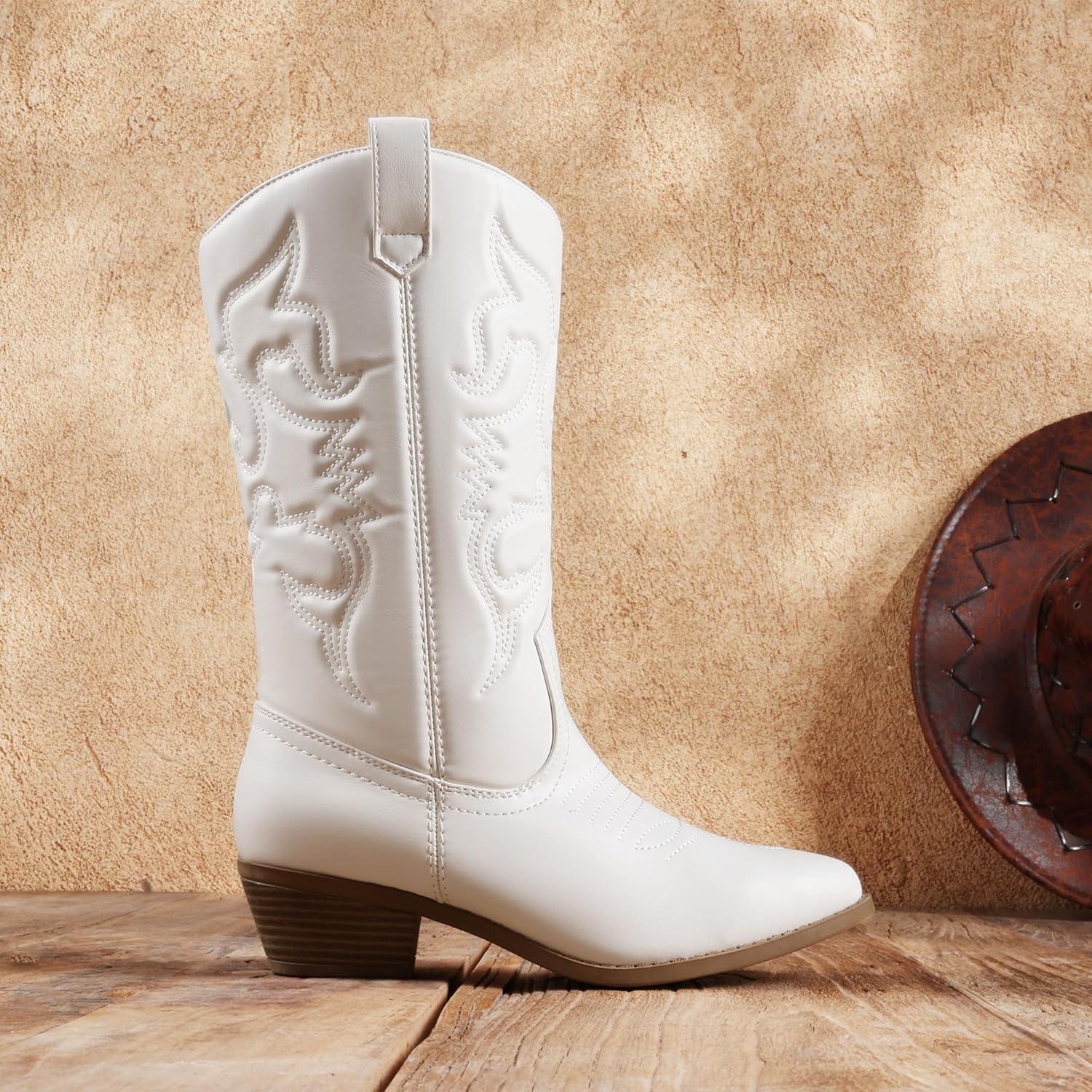 imageDREAM PAIRS Womens Cowboy Boots Pull On Cowgirl Boots Mid Calf Western Boots Available in Regular and Wide CalfWhite