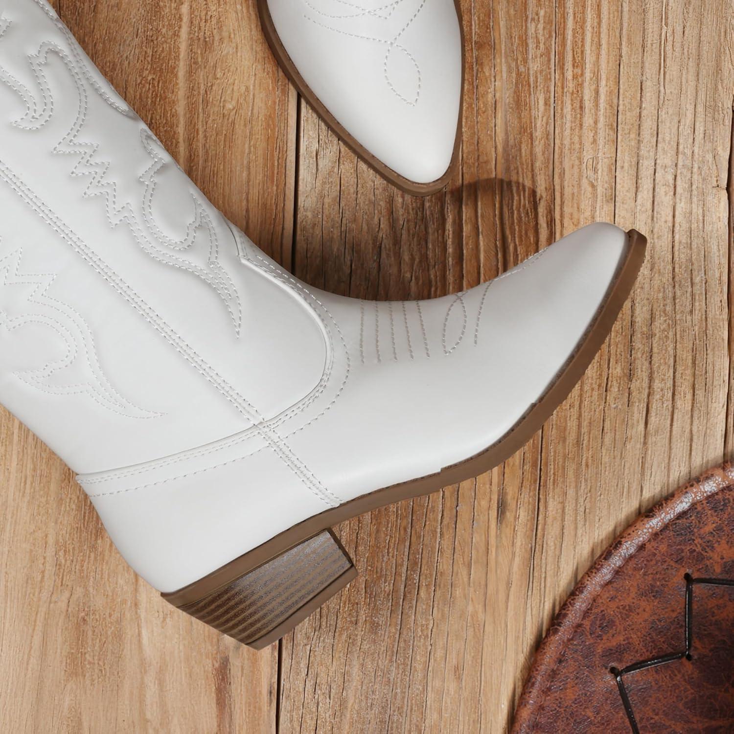 imageDREAM PAIRS Womens Cowboy Boots Pull On Cowgirl Boots Mid Calf Western Boots Available in Regular and Wide CalfWhite