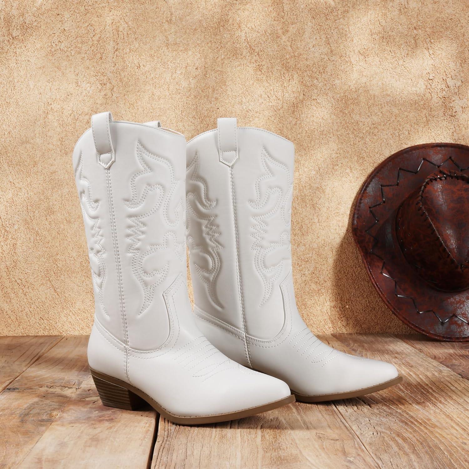 imageDREAM PAIRS Womens Cowboy Boots Pull On Cowgirl Boots Mid Calf Western Boots Available in Regular and Wide CalfWhite