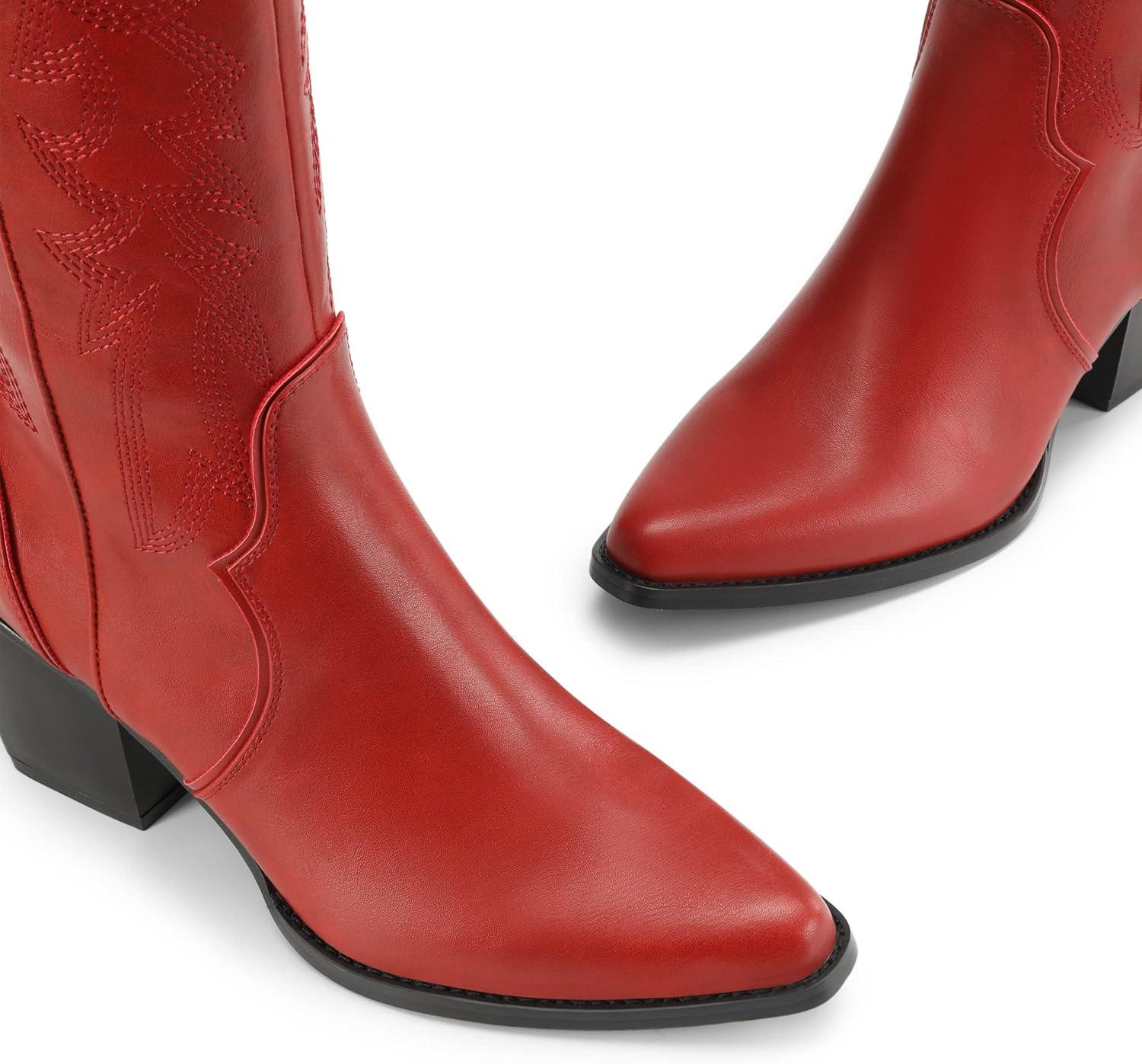 imageDREAM PAIRS Womens Cowboy Boots Wide Calf Comfortable Pull On Zipper Chunky Heel Pointed Toe Embroidered Western Cowgirl Knee High Boots Ladies Retro Tall BootRed