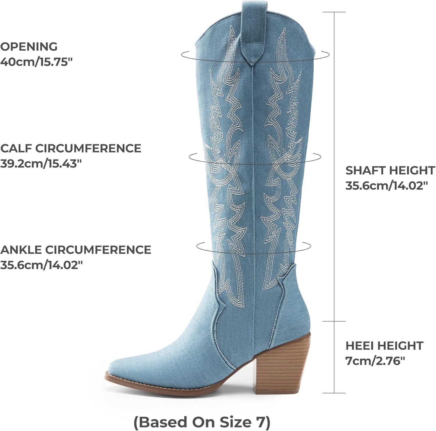imageDREAM PAIRS Womens Cowboy Boots Wide Calf Comfortable Pull On Zipper Chunky Heel Pointed Toe Embroidered Western Cowgirl Knee High Boots Ladies Retro Tall BootDenim Blue