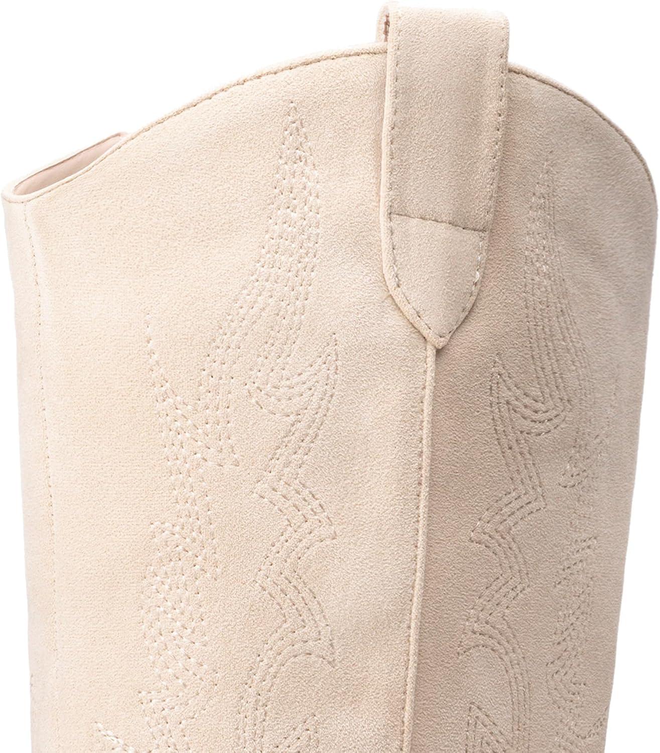 imageDREAM PAIRS Womens Cowboy Boots Wide Calf Comfortable Pull On Zipper Chunky Heel Pointed Toe Embroidered Western Cowgirl Knee High Boots Ladies Retro Tall BootBeige