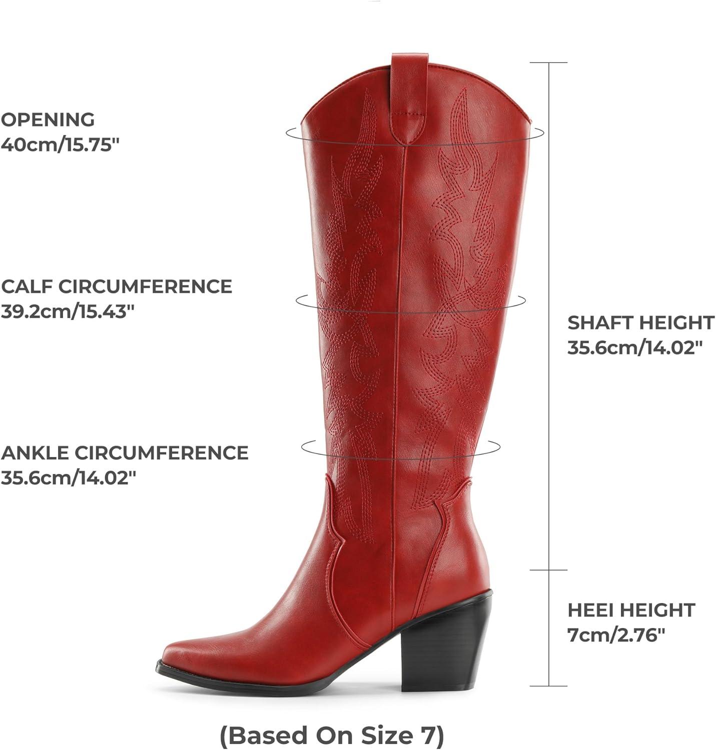 imageDREAM PAIRS Womens Cowboy Boots Wide Calf Comfortable Pull On Zipper Chunky Heel Pointed Toe Embroidered Western Cowgirl Knee High Boots Ladies Retro Tall BootRed