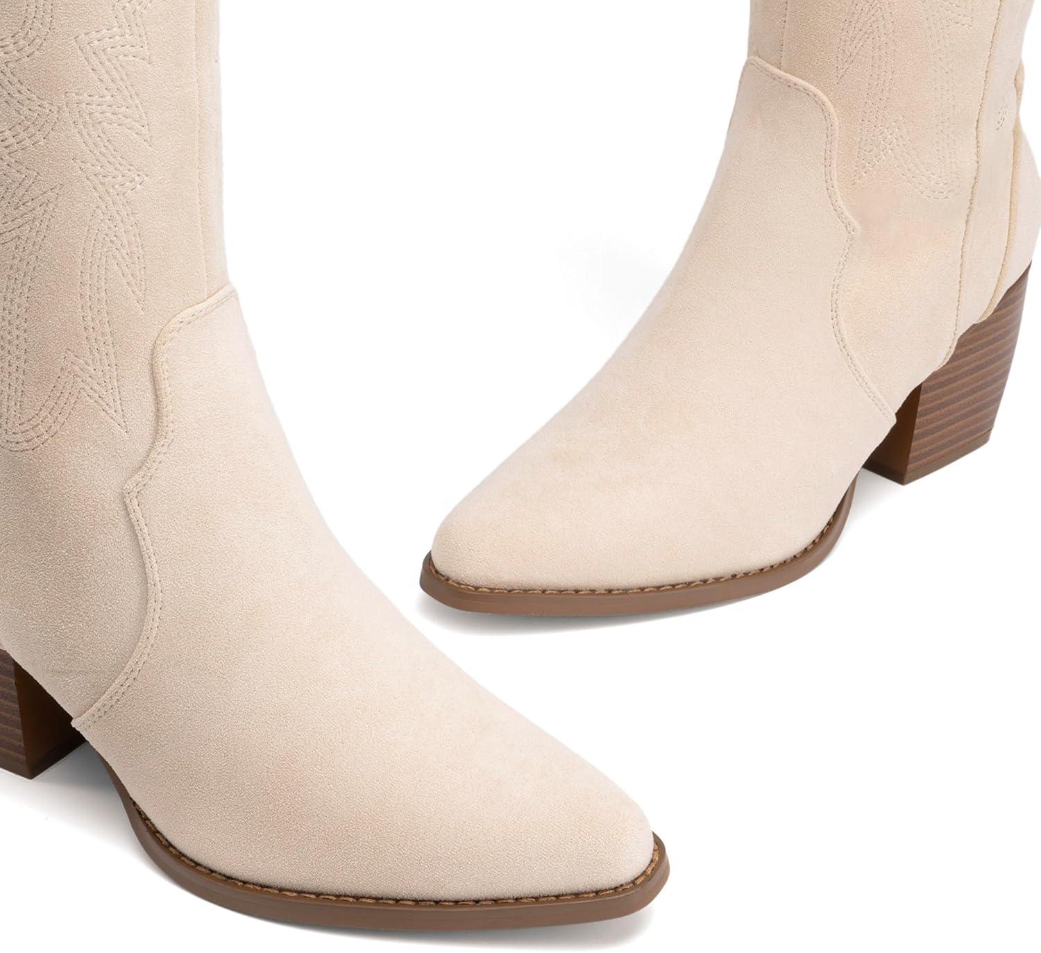 imageDREAM PAIRS Womens Cowboy Boots Wide Calf Comfortable Pull On Zipper Chunky Heel Pointed Toe Embroidered Western Cowgirl Knee High Boots Ladies Retro Tall BootBeige