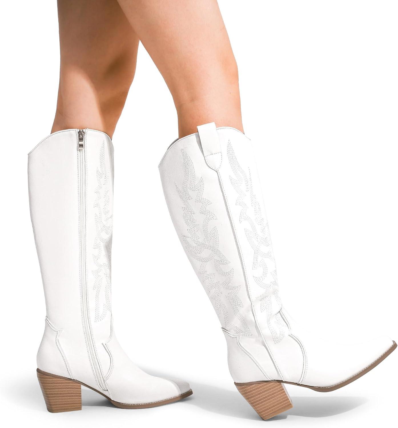 imageDREAM PAIRS Womens Cowboy Boots Wide Calf Comfortable Pull On Zipper Chunky Heel Pointed Toe Embroidered Western Cowgirl Knee High Boots Ladies Retro Tall BootWhite