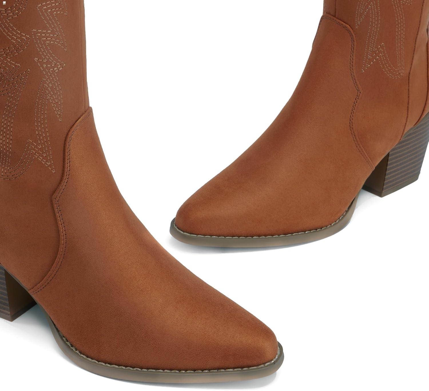 imageDREAM PAIRS Womens Cowboy Boots Wide Calf Comfortable Pull On Zipper Chunky Heel Pointed Toe Embroidered Western Cowgirl Knee High Boots Ladies Retro Tall BootBrown