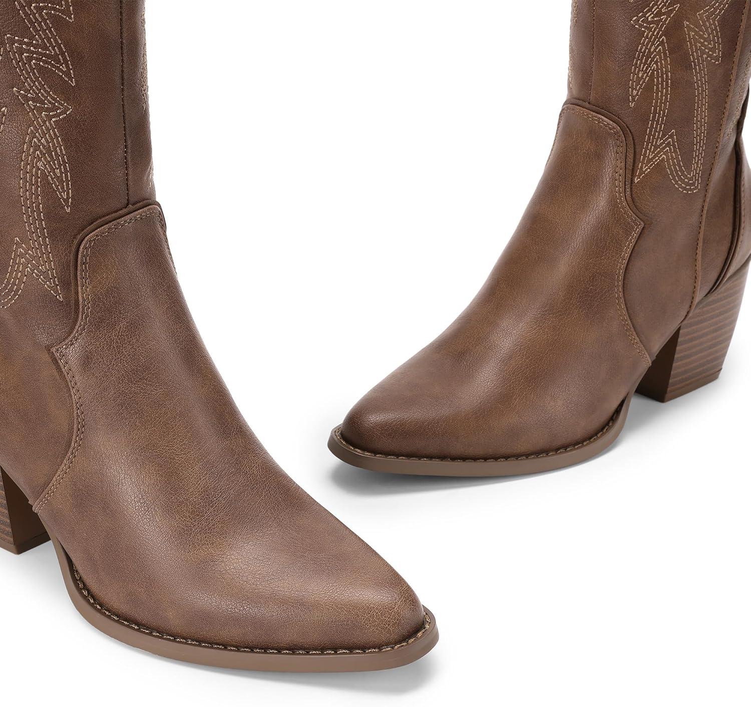 imageDREAM PAIRS Womens Cowboy Boots Wide Calf Comfortable Pull On Zipper Chunky Heel Pointed Toe Embroidered Western Cowgirl Knee High Boots Ladies Retro Tall BootLight Brown