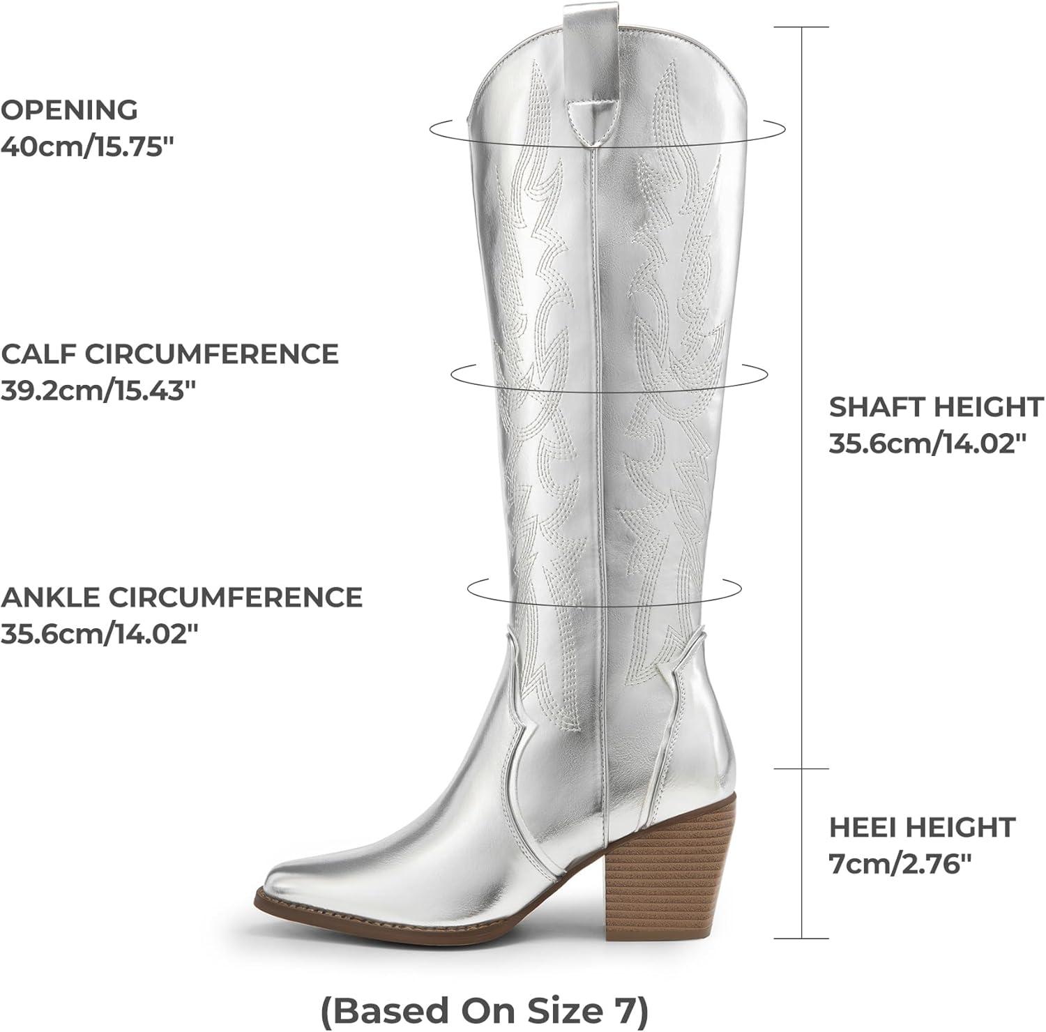 imageDREAM PAIRS Womens Cowboy Boots Wide Calf Comfortable Pull On Zipper Chunky Heel Pointed Toe Embroidered Western Cowgirl Knee High Boots Ladies Retro Tall BootMetallic Silver