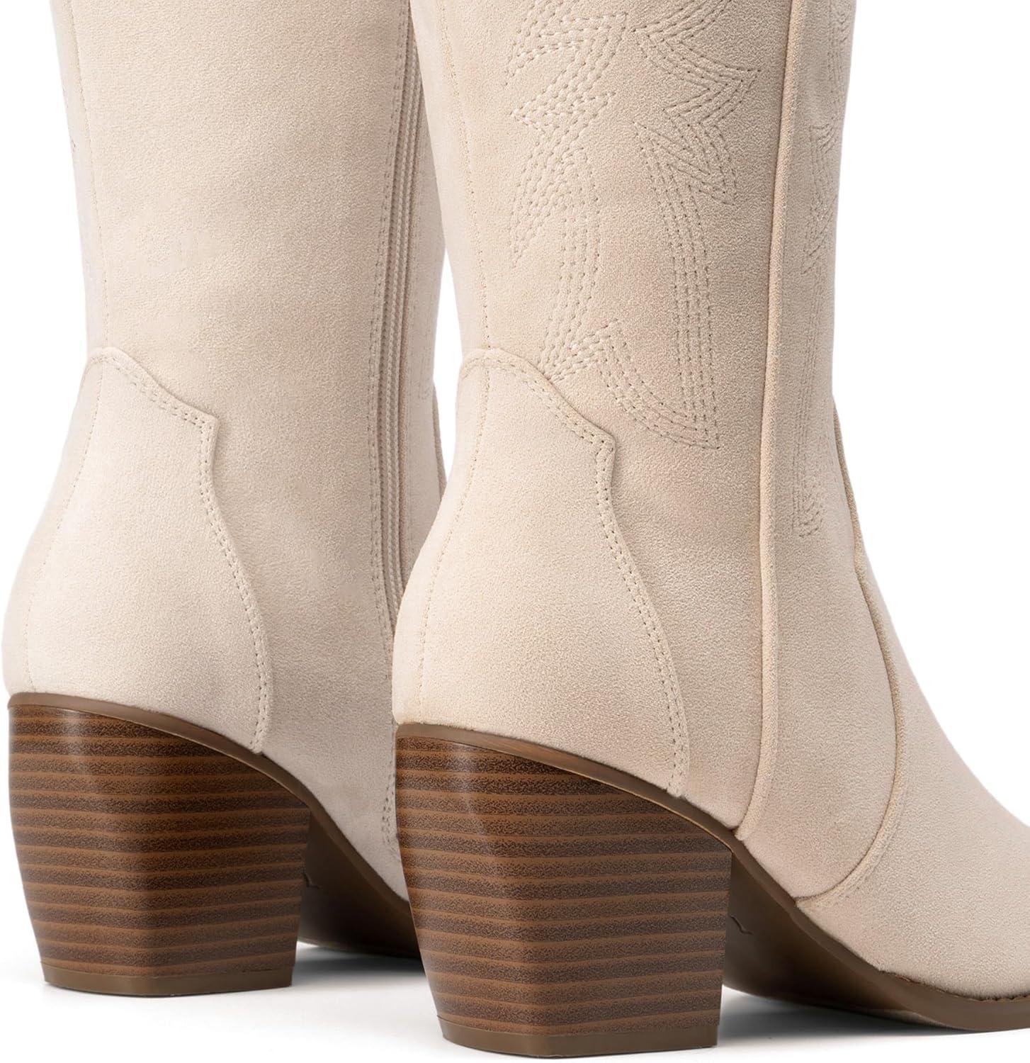 imageDREAM PAIRS Womens Cowboy Boots Wide Calf Comfortable Pull On Zipper Chunky Heel Pointed Toe Embroidered Western Cowgirl Knee High Boots Ladies Retro Tall BootBeige