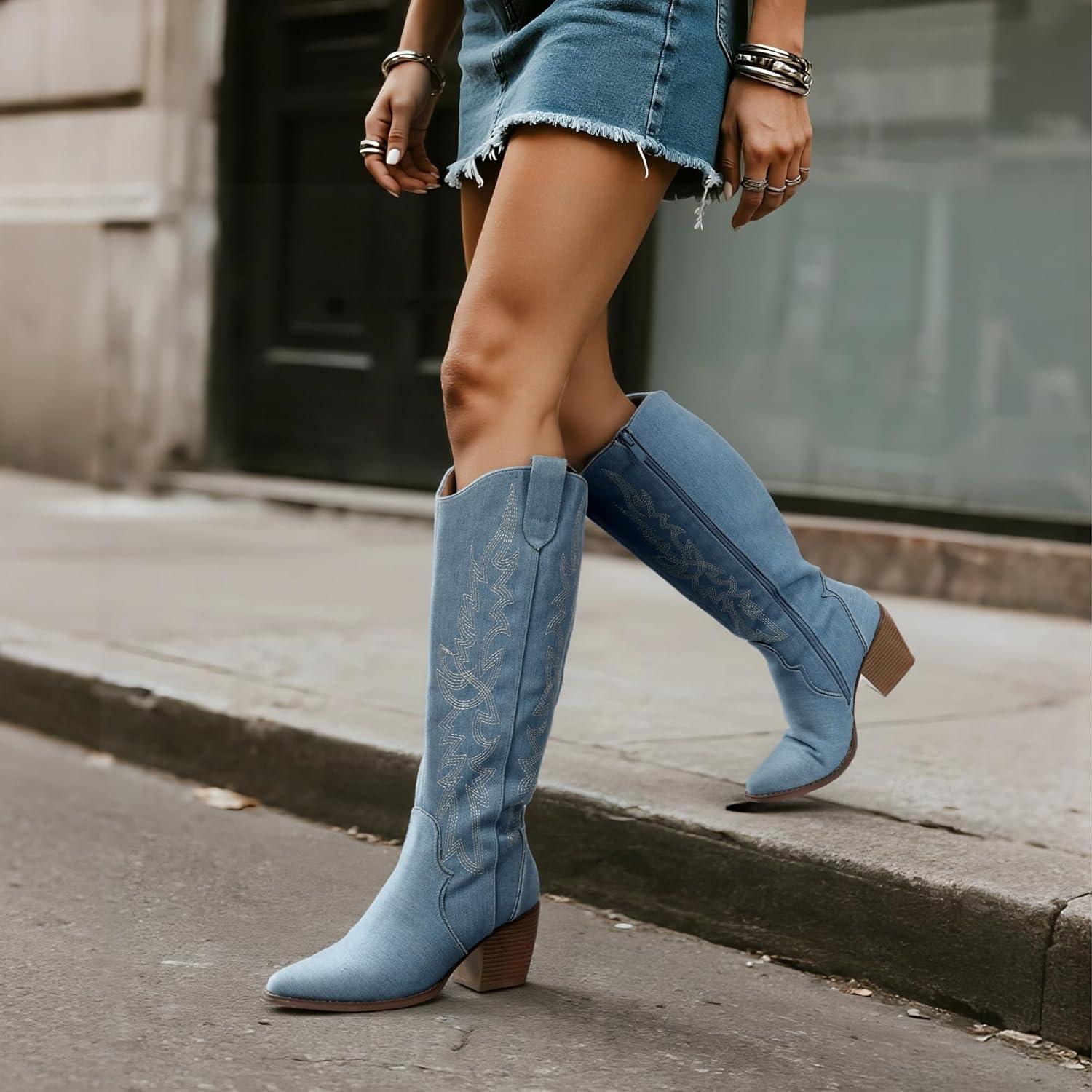 imageDREAM PAIRS Womens Cowboy Boots Wide Calf Comfortable Pull On Zipper Chunky Heel Pointed Toe Embroidered Western Cowgirl Knee High Boots Ladies Retro Tall BootDenim Blue