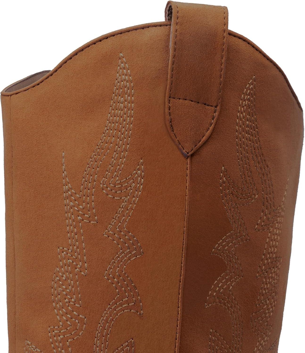 imageDREAM PAIRS Womens Cowboy Boots Wide Calf Comfortable Pull On Zipper Chunky Heel Pointed Toe Embroidered Western Cowgirl Knee High Boots Ladies Retro Tall BootBrown