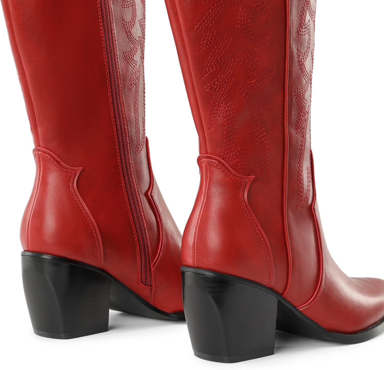 imageDREAM PAIRS Womens Cowboy Boots Wide Calf Comfortable Pull On Zipper Chunky Heel Pointed Toe Embroidered Western Cowgirl Knee High Boots Ladies Retro Tall BootRed
