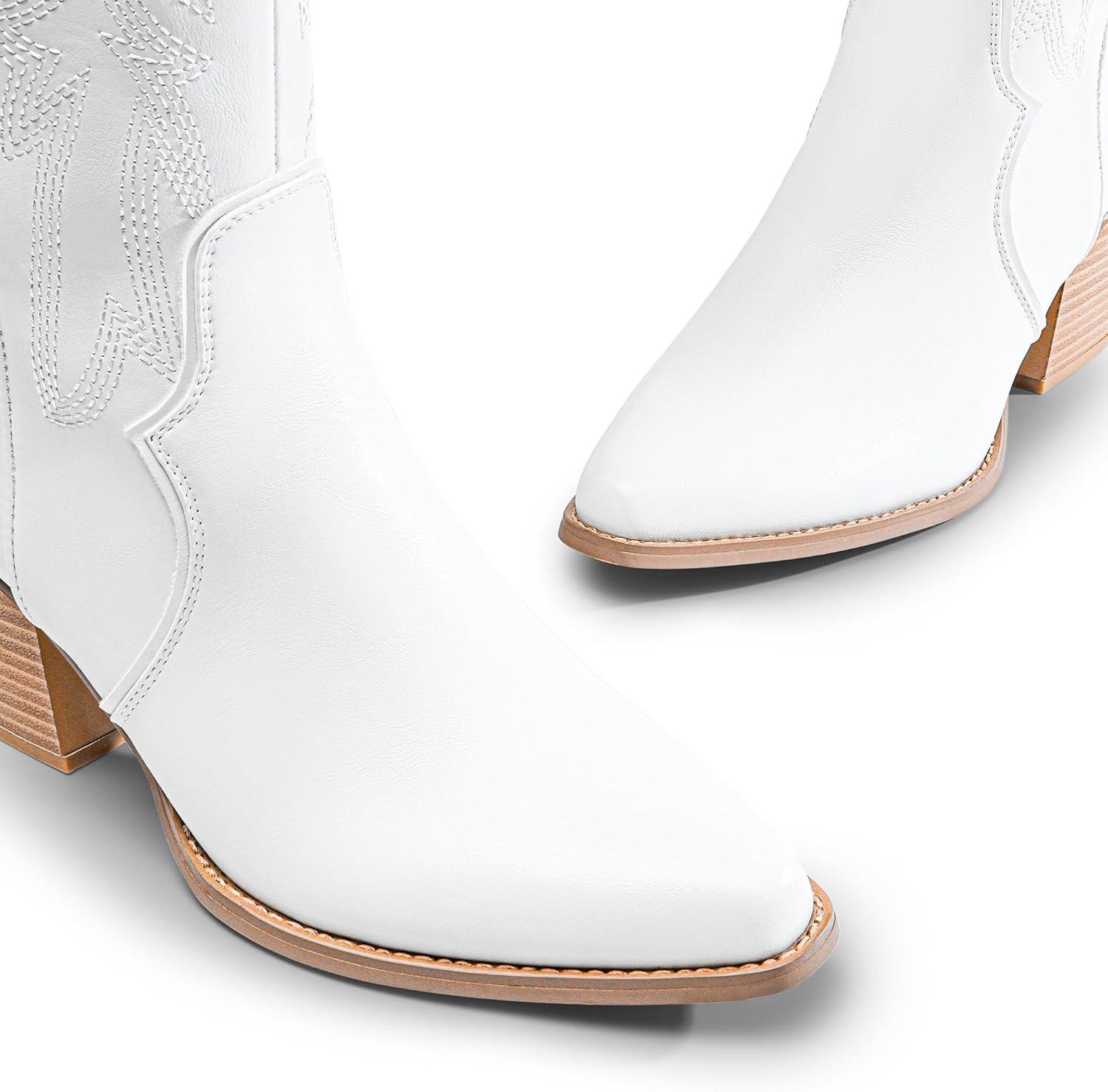 imageDREAM PAIRS Womens Cowboy Boots Wide Calf Comfortable Pull On Zipper Chunky Heel Pointed Toe Embroidered Western Cowgirl Knee High Boots Ladies Retro Tall BootWhite