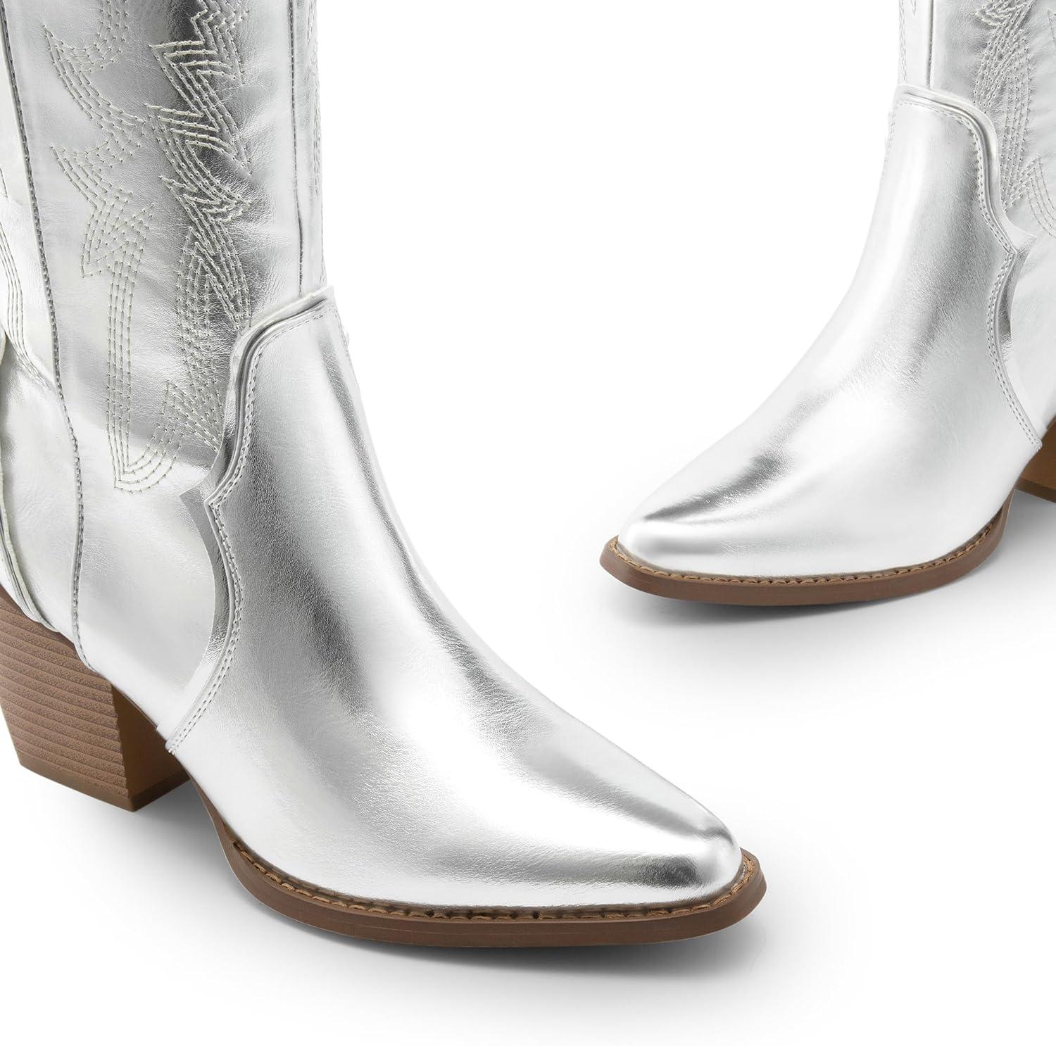 imageDREAM PAIRS Womens Cowboy Boots Wide Calf Comfortable Pull On Zipper Chunky Heel Pointed Toe Embroidered Western Cowgirl Knee High Boots Ladies Retro Tall BootMetallic Silver