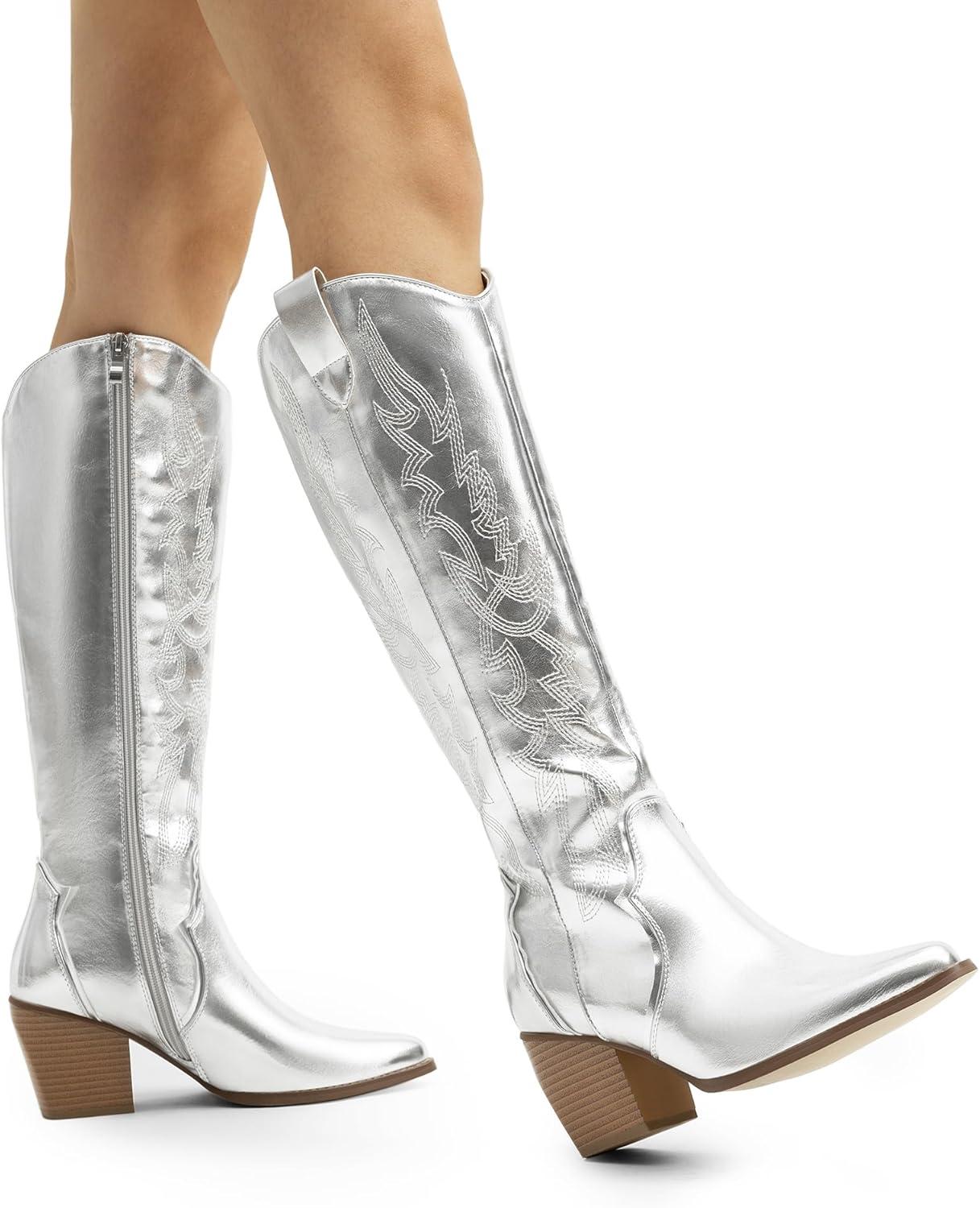 imageDREAM PAIRS Womens Cowboy Boots Wide Calf Comfortable Pull On Zipper Chunky Heel Pointed Toe Embroidered Western Cowgirl Knee High Boots Ladies Retro Tall BootMetallic Silver