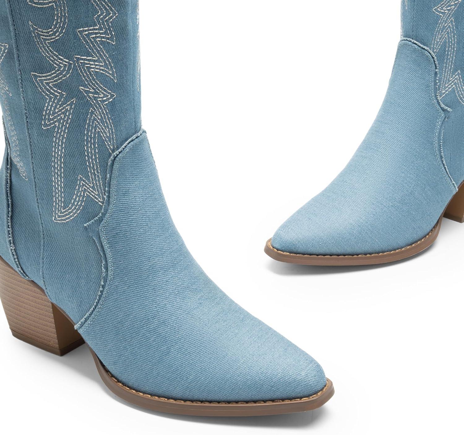 imageDREAM PAIRS Womens Cowboy Boots Wide Calf Comfortable Pull On Zipper Chunky Heel Pointed Toe Embroidered Western Cowgirl Knee High Boots Ladies Retro Tall BootDenim Blue