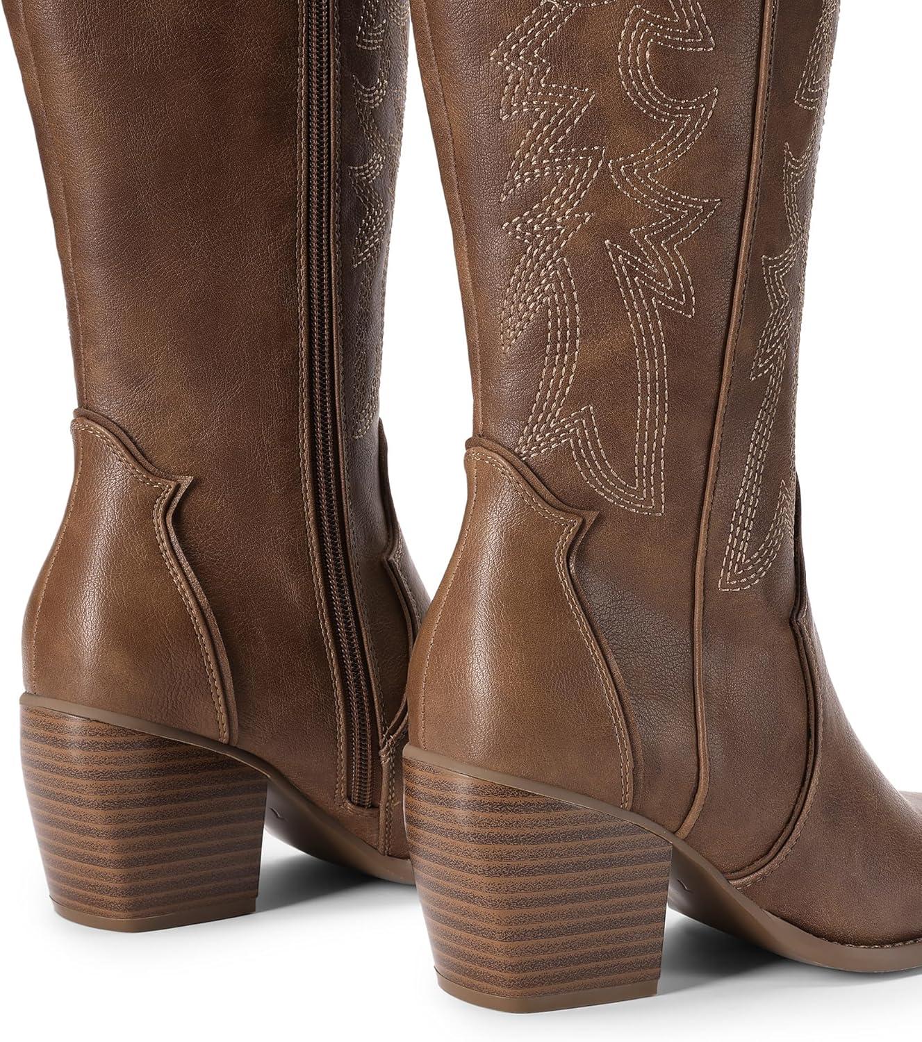 imageDREAM PAIRS Womens Cowboy Boots Wide Calf Comfortable Pull On Zipper Chunky Heel Pointed Toe Embroidered Western Cowgirl Knee High Boots Ladies Retro Tall BootLight Brown