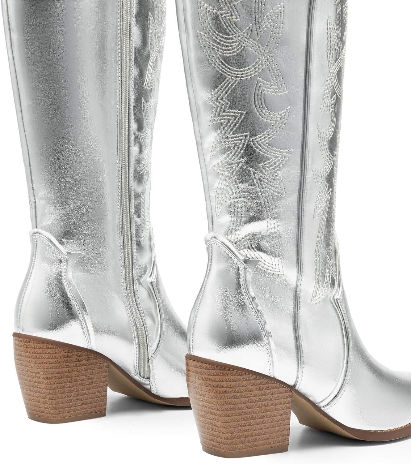imageDREAM PAIRS Womens Cowboy Boots Wide Calf Comfortable Pull On Zipper Chunky Heel Pointed Toe Embroidered Western Cowgirl Knee High Boots Ladies Retro Tall BootMetallic Silver