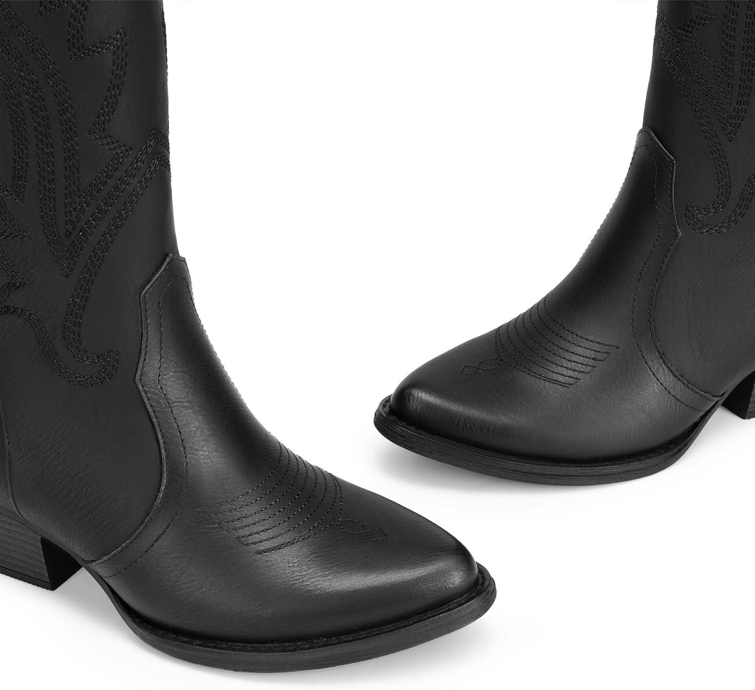 imageDREAM PAIRS Womens Cowboy Cowgirl Boots Embroidered Pointed Toe Low Heel Western Mid Calf Boot for Theme Party Country ConcertAll Black