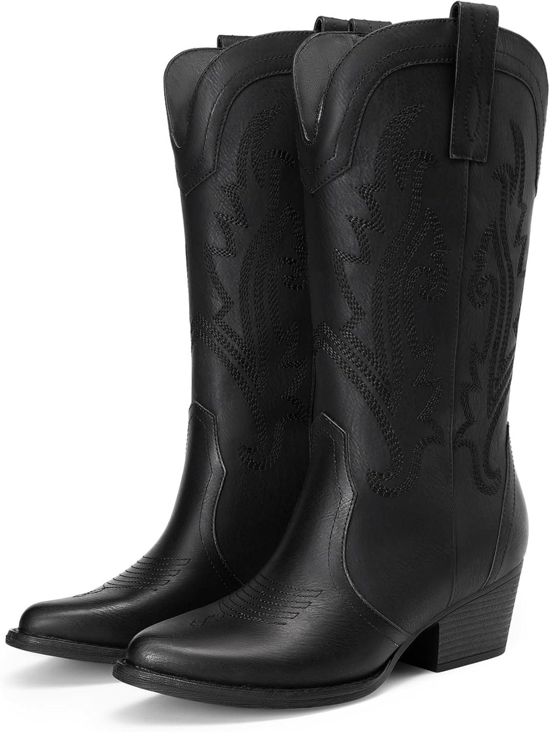 imageDREAM PAIRS Womens Cowboy Cowgirl Boots Embroidered Pointed Toe Low Heel Western Mid Calf Boot for Theme Party Country ConcertAll Black