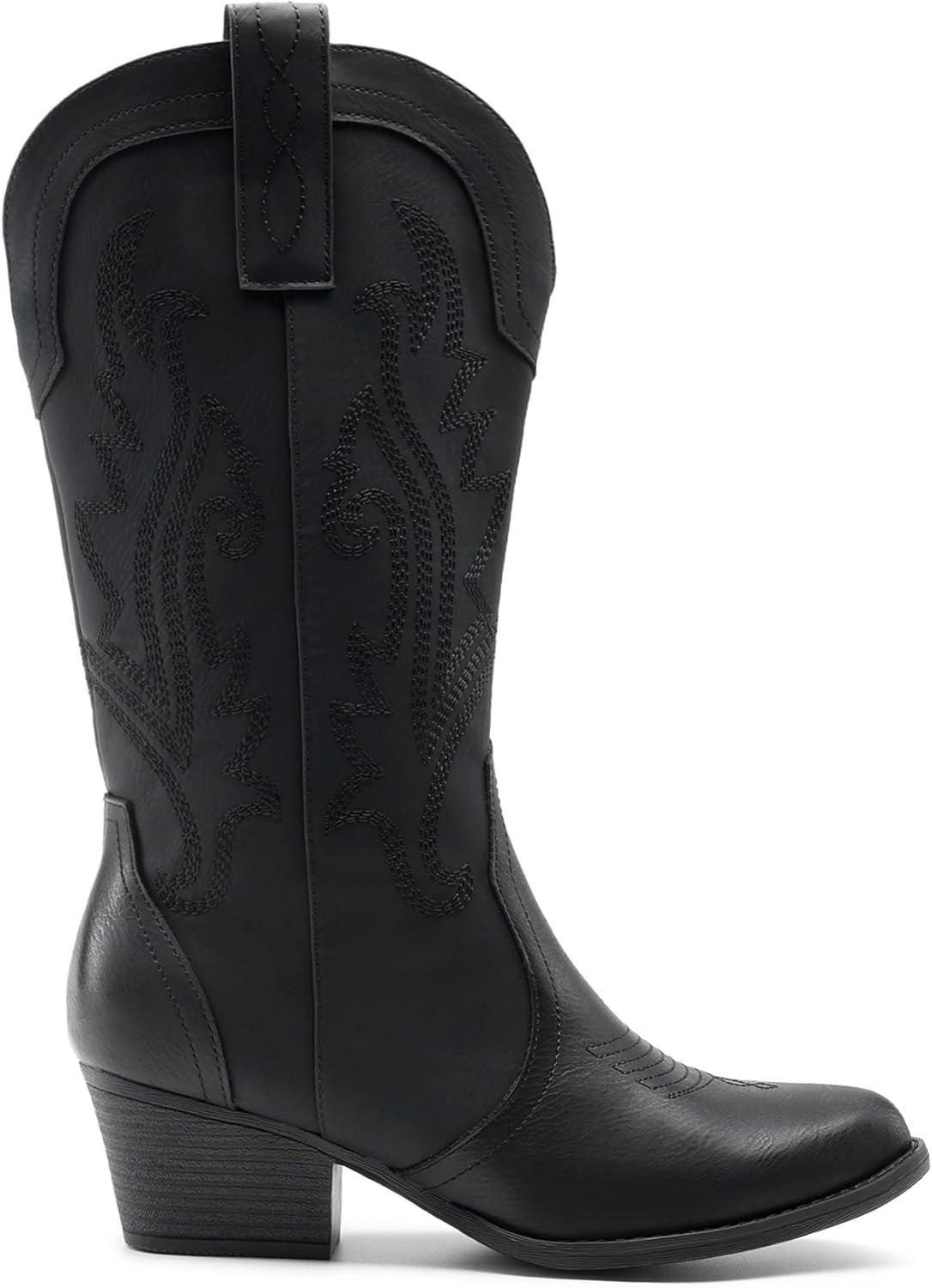 imageDREAM PAIRS Womens Cowboy Cowgirl Boots Embroidered Pointed Toe Low Heel Western Mid Calf Boot for Theme Party Country ConcertAll Black