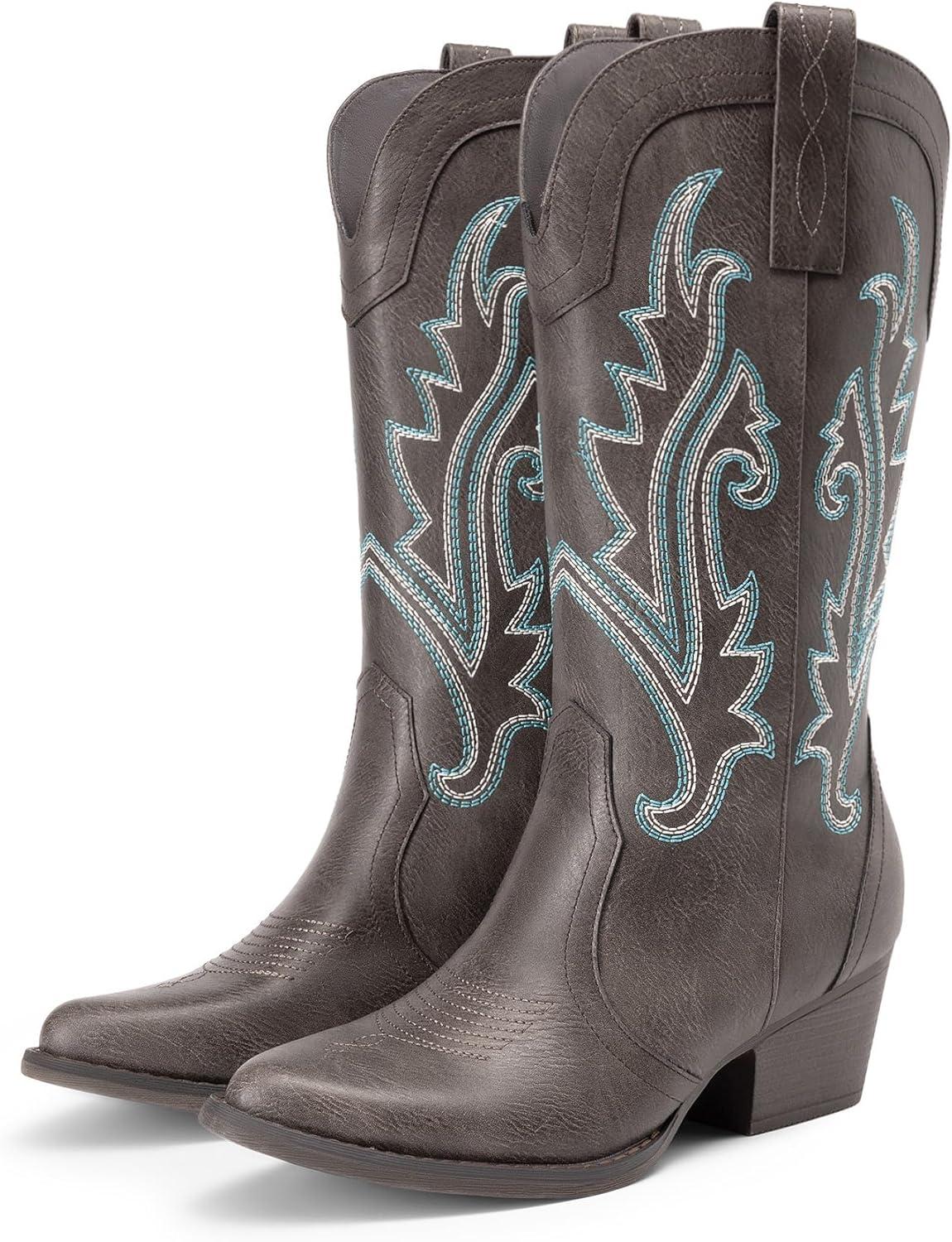 imageDREAM PAIRS Womens Cowboy Cowgirl Boots Embroidered Pointed Toe Low Heel Western Mid Calf Boot for Theme Party Country ConcertDark Brown