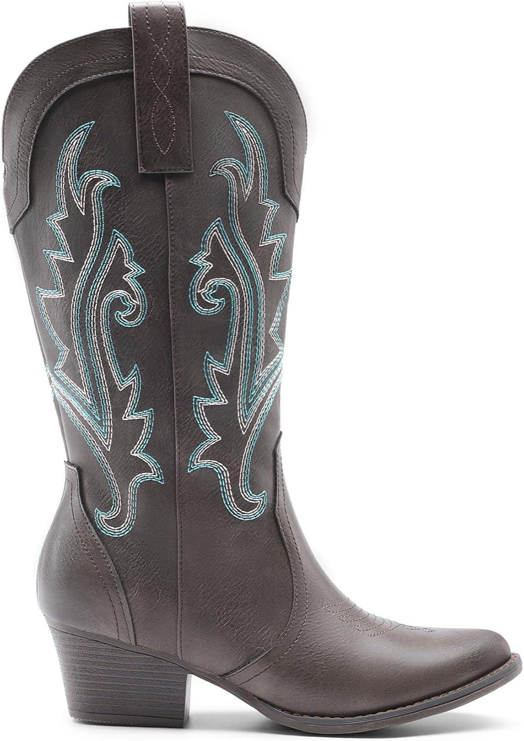 imageDREAM PAIRS Womens Cowboy Cowgirl Boots Embroidered Pointed Toe Low Heel Western Mid Calf Boot for Theme Party Country ConcertDark Brown