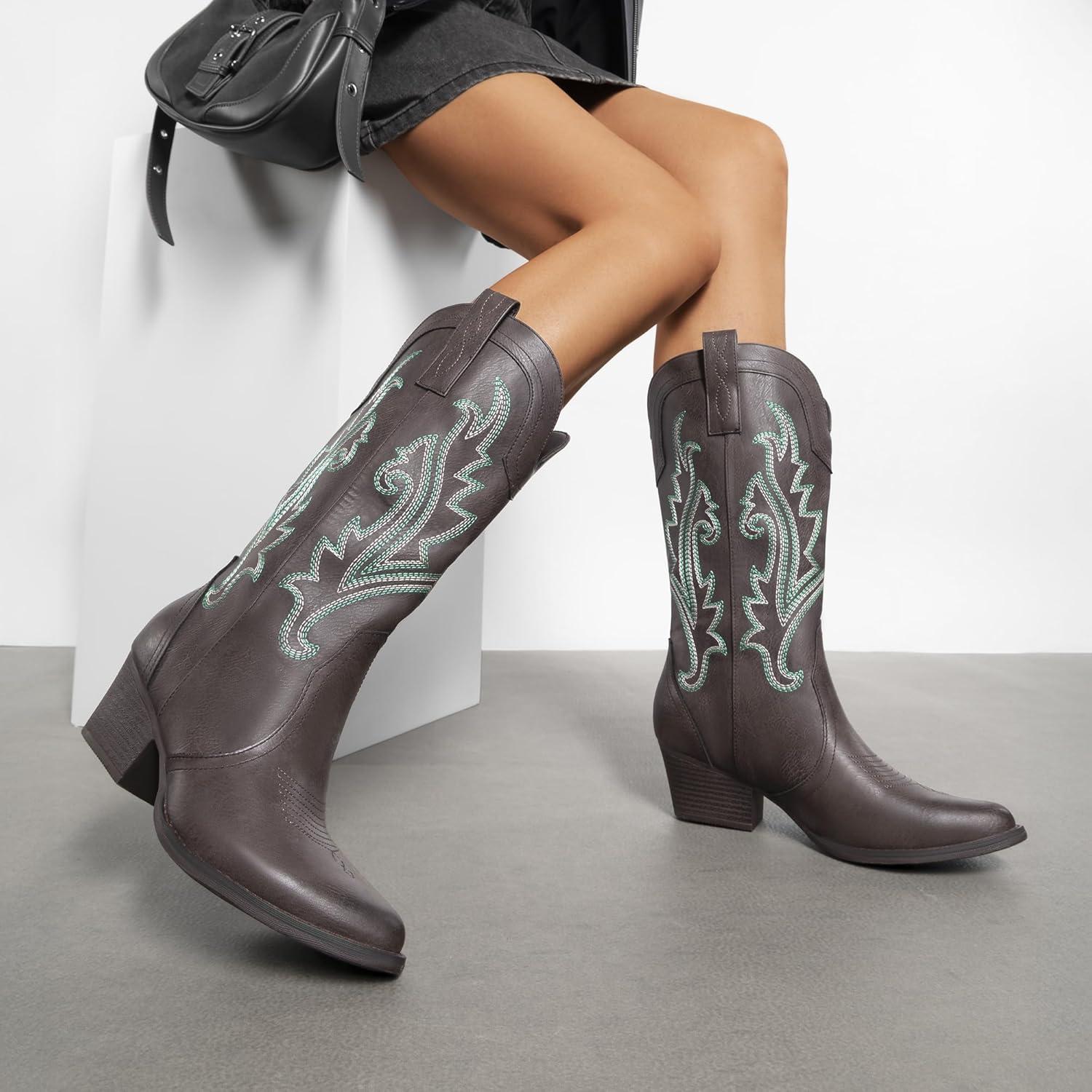 imageDREAM PAIRS Womens Cowboy Cowgirl Boots Embroidered Pointed Toe Low Heel Western Mid Calf Boot for Theme Party Country ConcertDark Brown