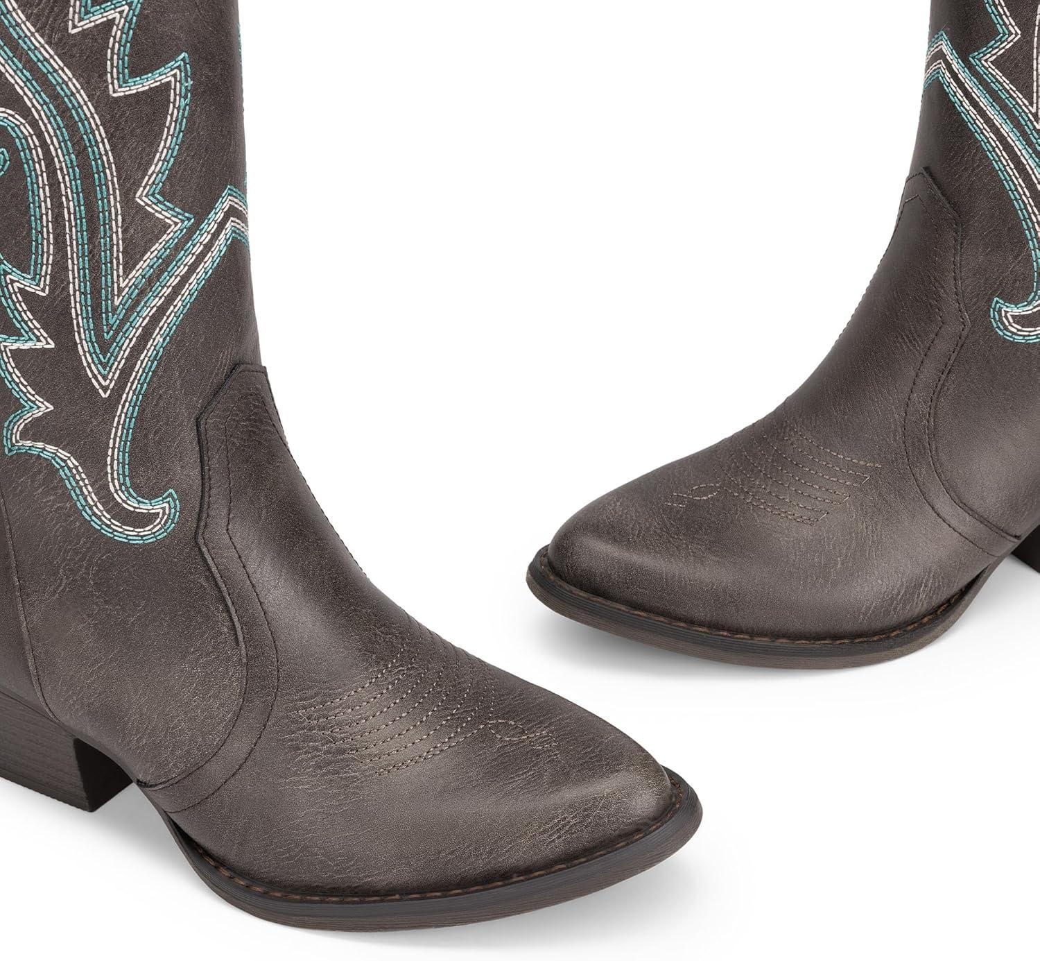 imageDREAM PAIRS Womens Cowboy Cowgirl Boots Embroidered Pointed Toe Low Heel Western Mid Calf Boot for Theme Party Country ConcertDark Brown