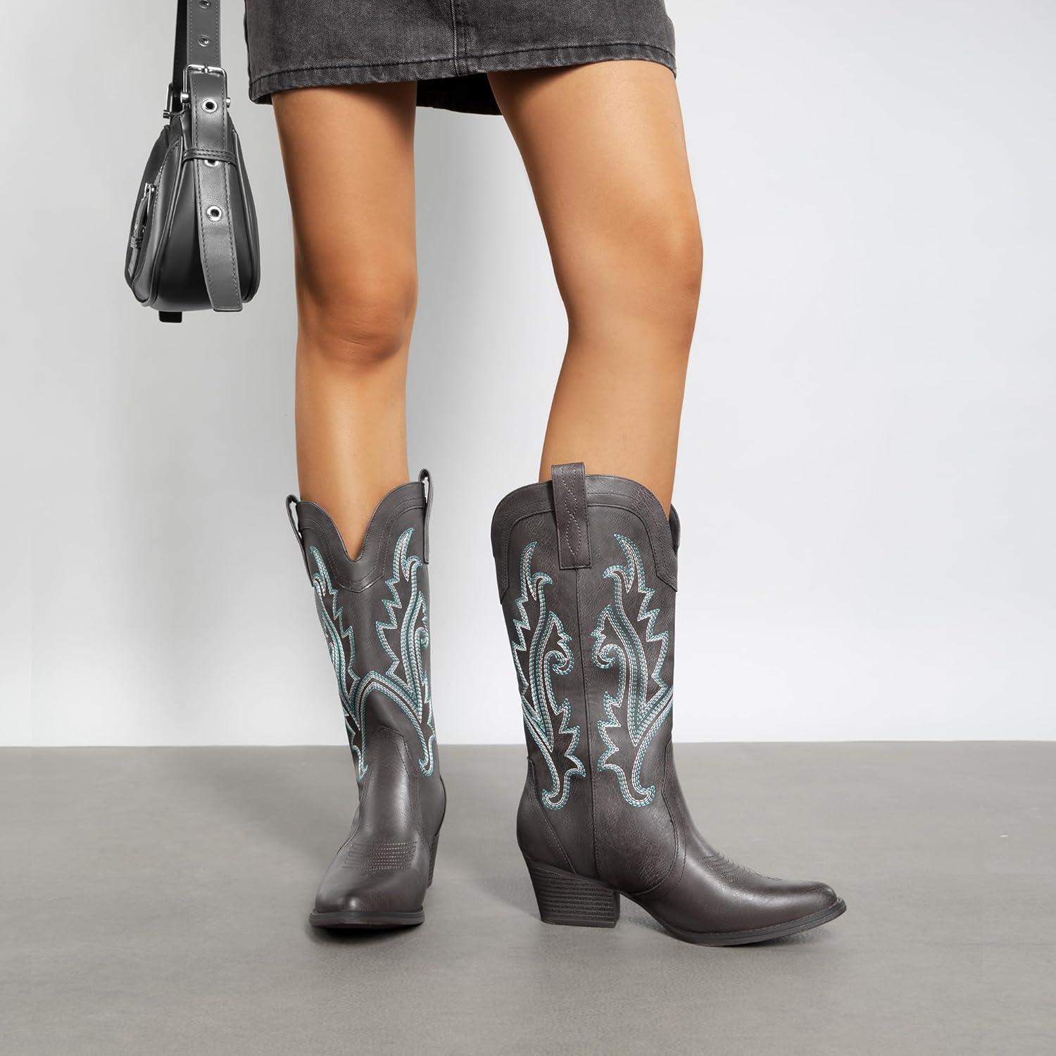 imageDREAM PAIRS Womens Cowboy Cowgirl Boots Embroidered Pointed Toe Low Heel Western Mid Calf Boot for Theme Party Country ConcertDark Brown