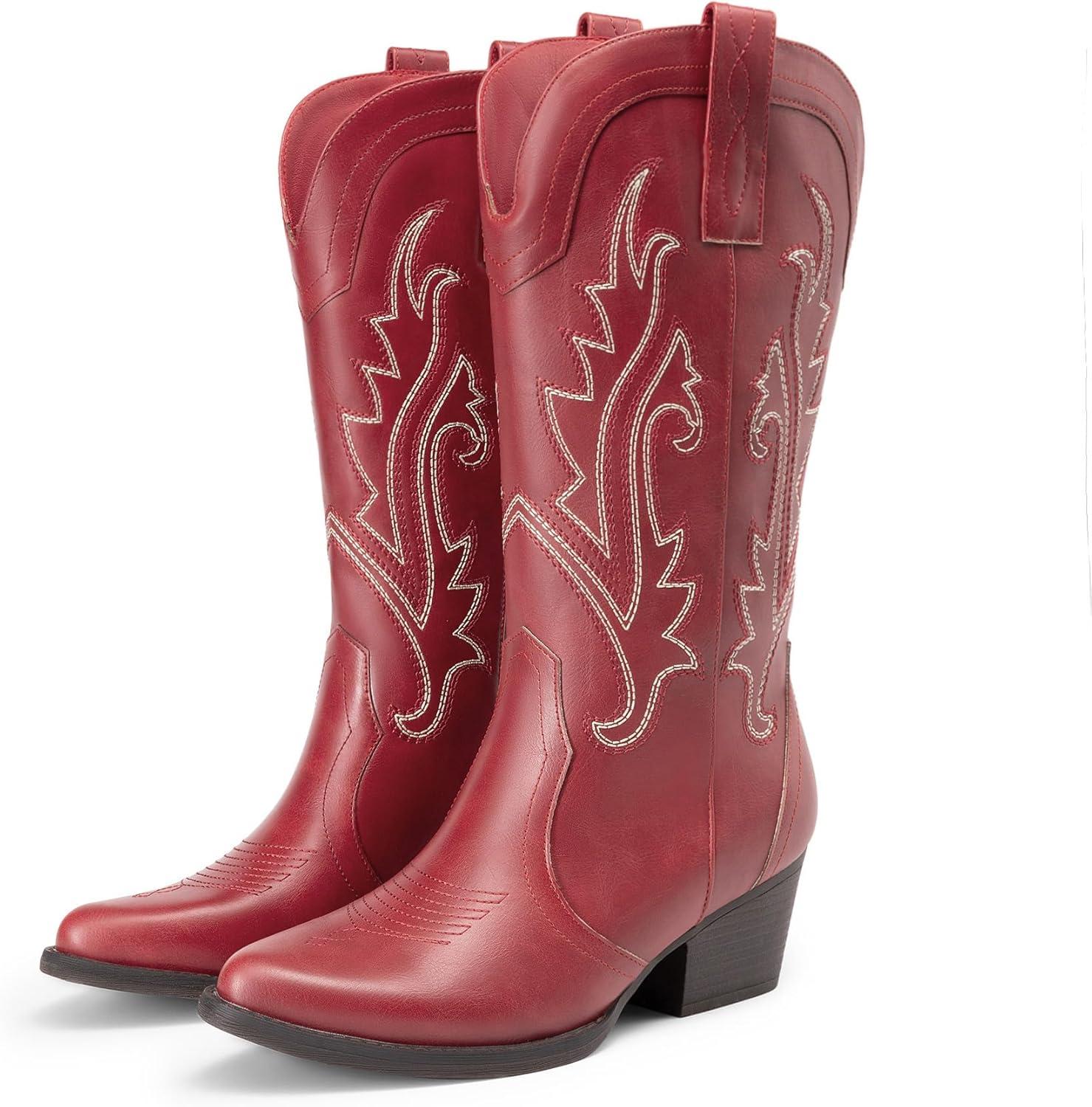 imageDREAM PAIRS Womens Cowboy Cowgirl Boots Embroidered Pointed Toe Low Heel Western Mid Calf Boot for Theme Party Country ConcertRed