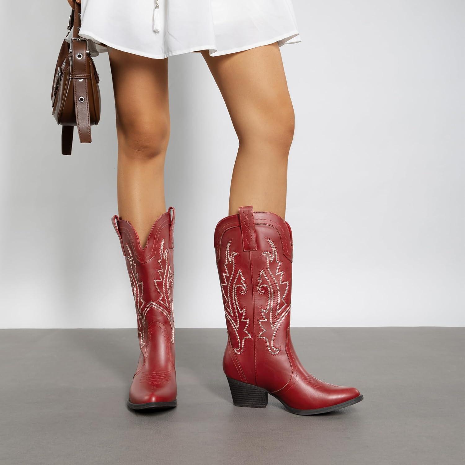 imageDREAM PAIRS Womens Cowboy Cowgirl Boots Embroidered Pointed Toe Low Heel Western Mid Calf Boot for Theme Party Country ConcertRed