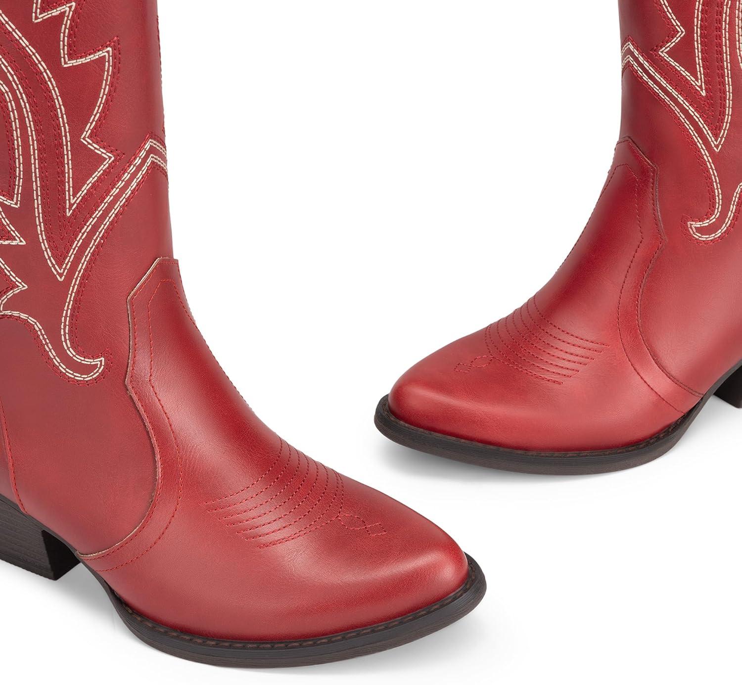 imageDREAM PAIRS Womens Cowboy Cowgirl Boots Embroidered Pointed Toe Low Heel Western Mid Calf Boot for Theme Party Country ConcertRed