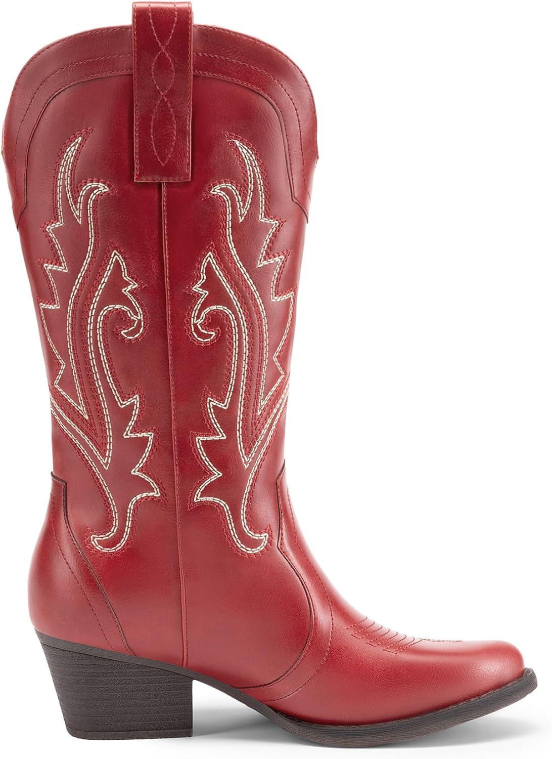 imageDREAM PAIRS Womens Cowboy Cowgirl Boots Embroidered Pointed Toe Low Heel Western Mid Calf Boot for Theme Party Country ConcertRed