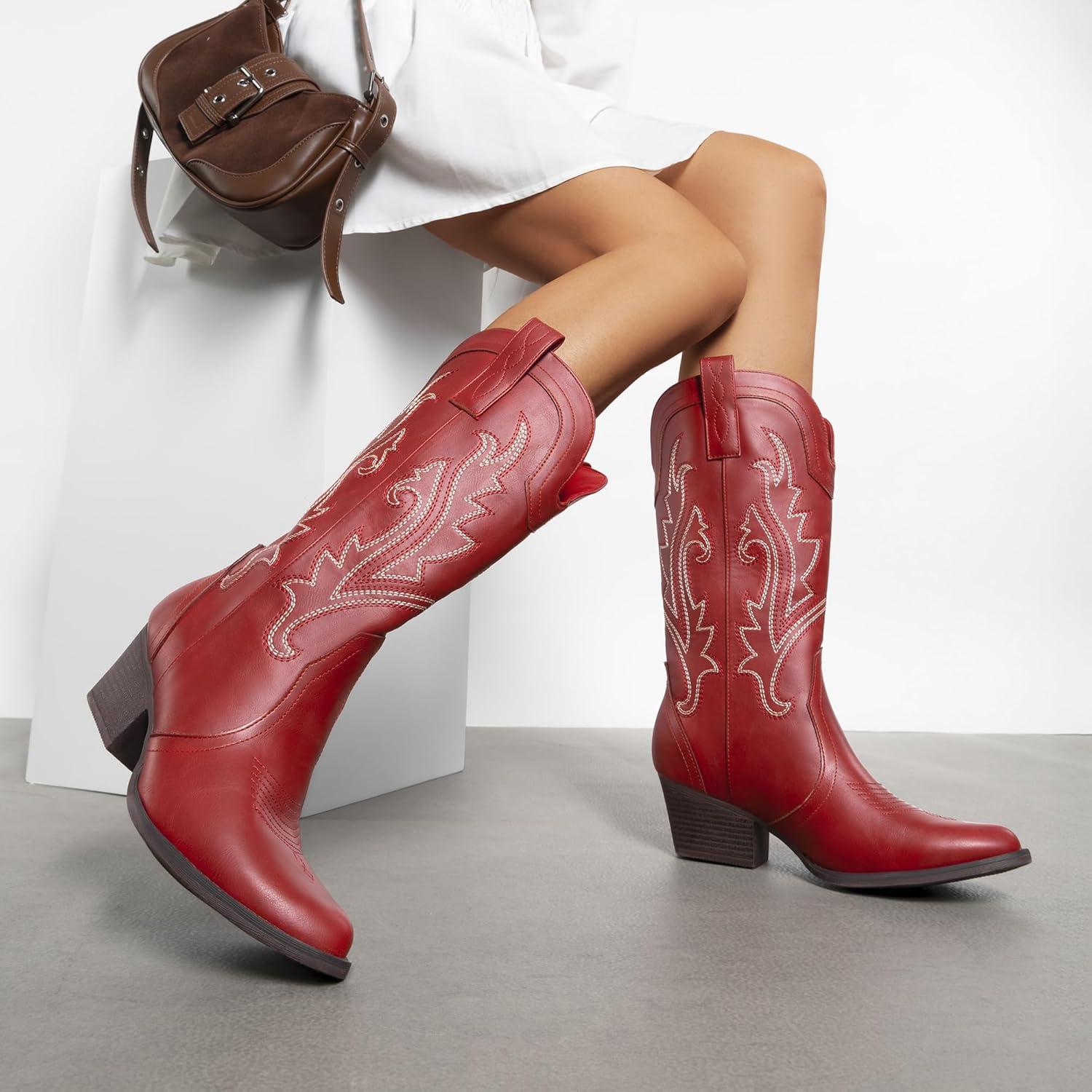 imageDREAM PAIRS Womens Cowboy Cowgirl Boots Embroidered Pointed Toe Low Heel Western Mid Calf Boot for Theme Party Country ConcertRed