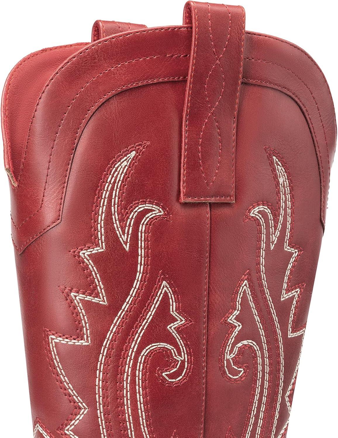 imageDREAM PAIRS Womens Cowboy Cowgirl Boots Embroidered Pointed Toe Low Heel Western Mid Calf Boot for Theme Party Country ConcertRed