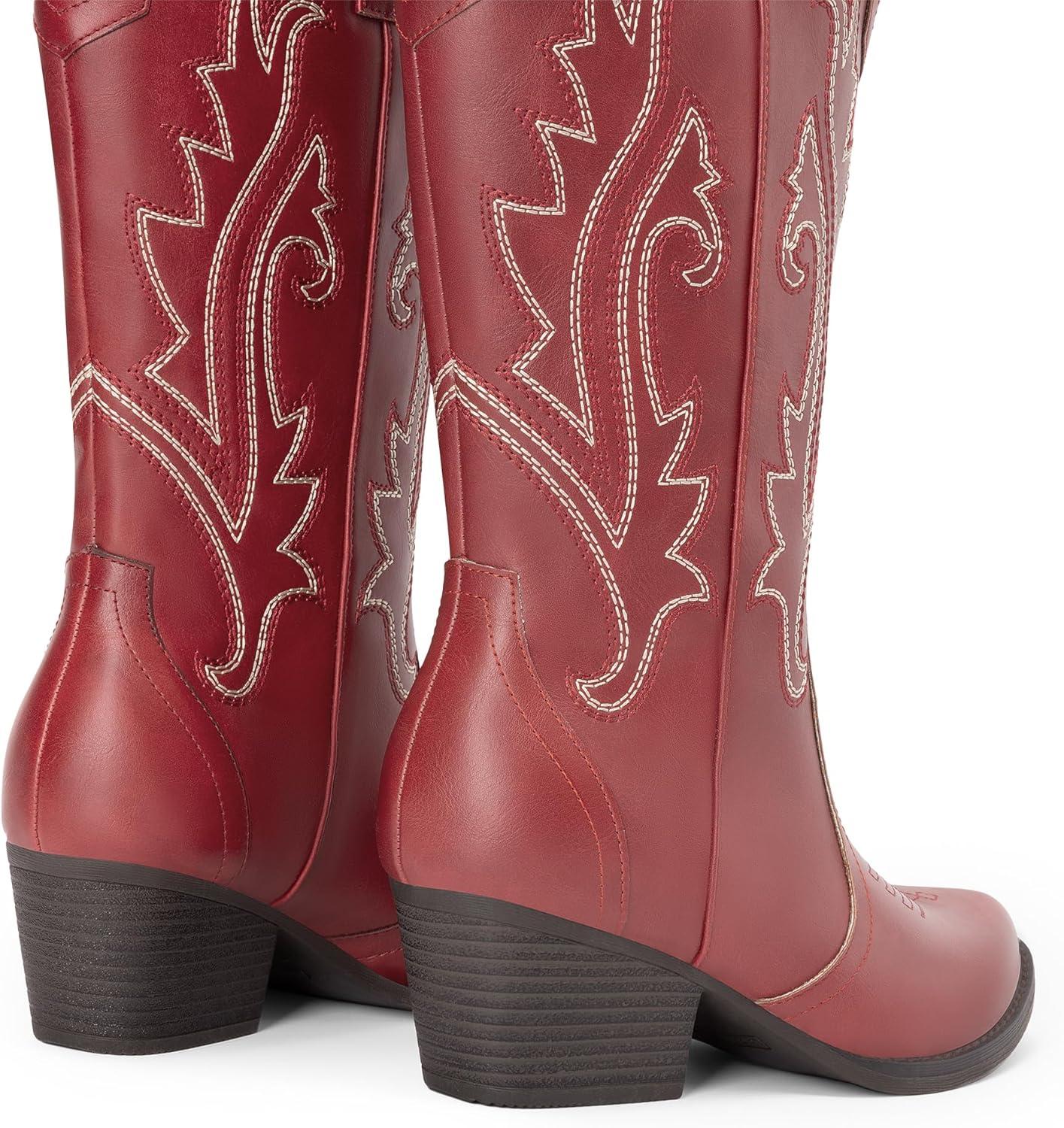 imageDREAM PAIRS Womens Cowboy Cowgirl Boots Embroidered Pointed Toe Low Heel Western Mid Calf Boot for Theme Party Country ConcertRed