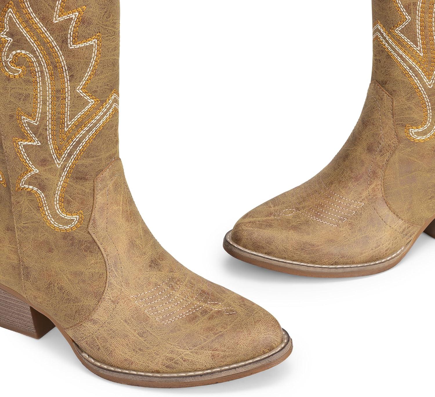 imageDREAM PAIRS Womens Cowboy Cowgirl Boots Embroidered Pointed Toe Low Heel Western Mid Calf Boot for Theme Party Country ConcertTan