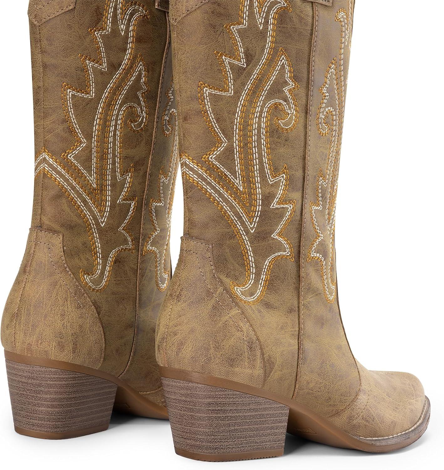 imageDREAM PAIRS Womens Cowboy Cowgirl Boots Embroidered Pointed Toe Low Heel Western Mid Calf Boot for Theme Party Country ConcertTan