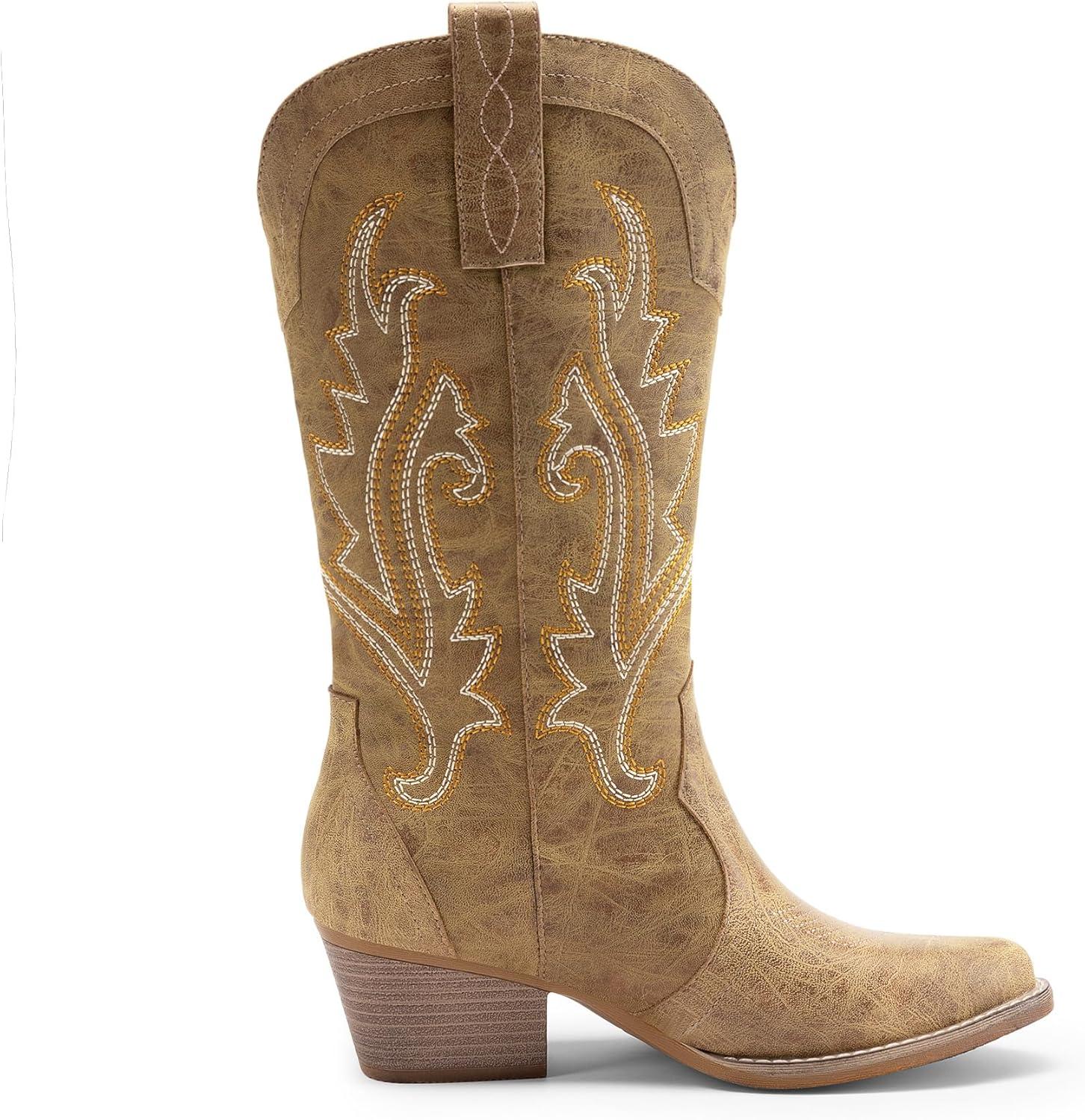 imageDREAM PAIRS Womens Cowboy Cowgirl Boots Embroidered Pointed Toe Low Heel Western Mid Calf Boot for Theme Party Country ConcertTan